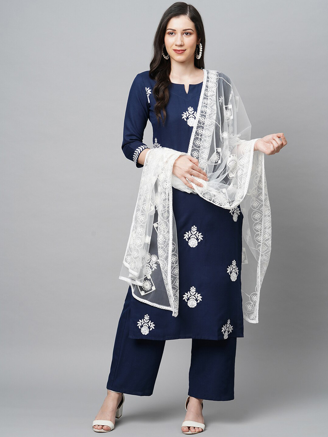 

KALINI Women Navy Blue Ethnic Motifs Embroidered Kurta with Palazzos & With Dupatta