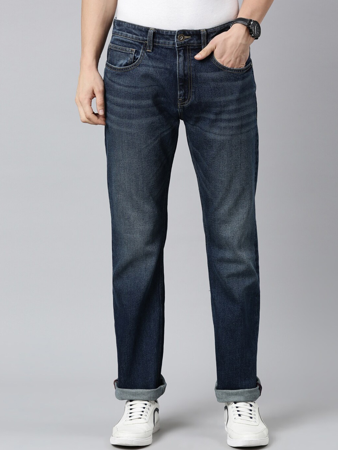 

American Bull Men Blue Bootcut Low Distress Light Fade Jeans