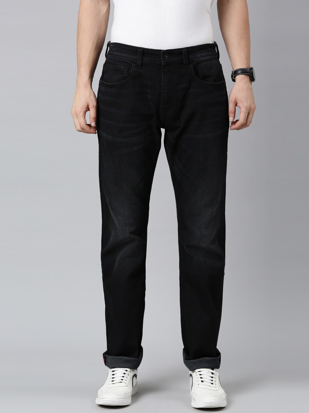 

American Bull Men Black Bootcut Low Distress Jeans