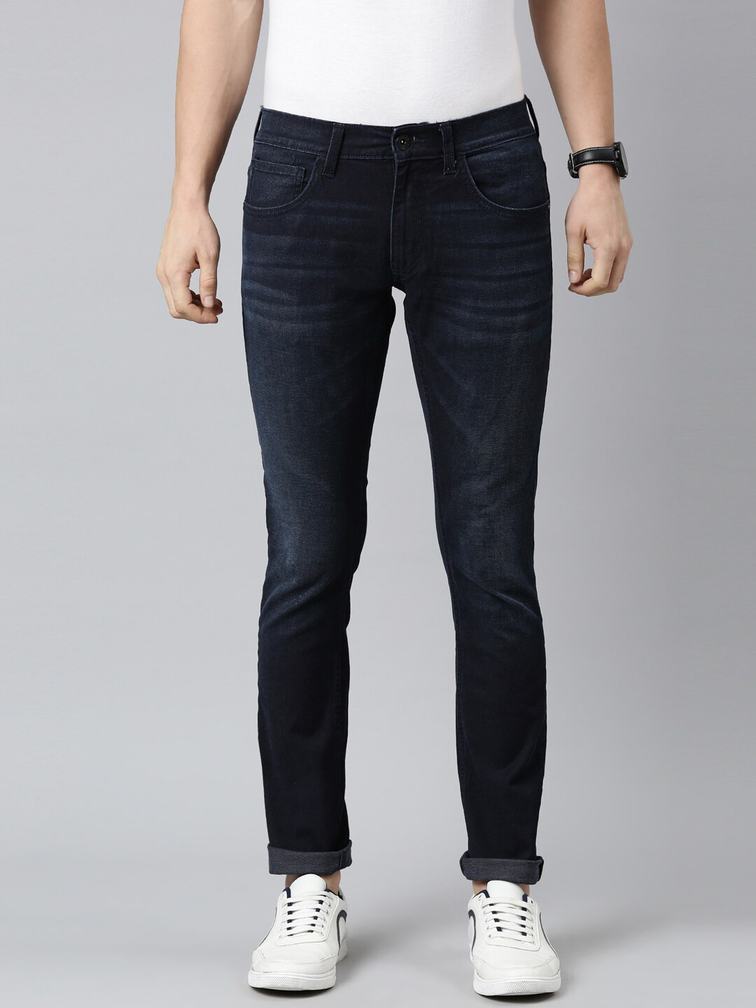 

American Bull Men Navy Blue Skinny Fit Low Distress Light Fade Jeans