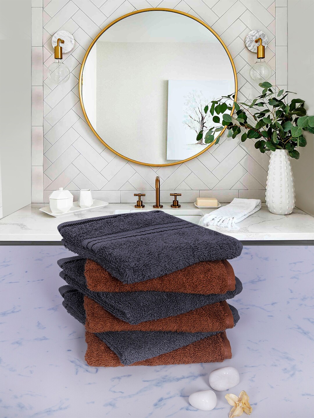 

Rangoli Set Of 12 Solid 600 GSM Pure Cotton Face Towels, Brown