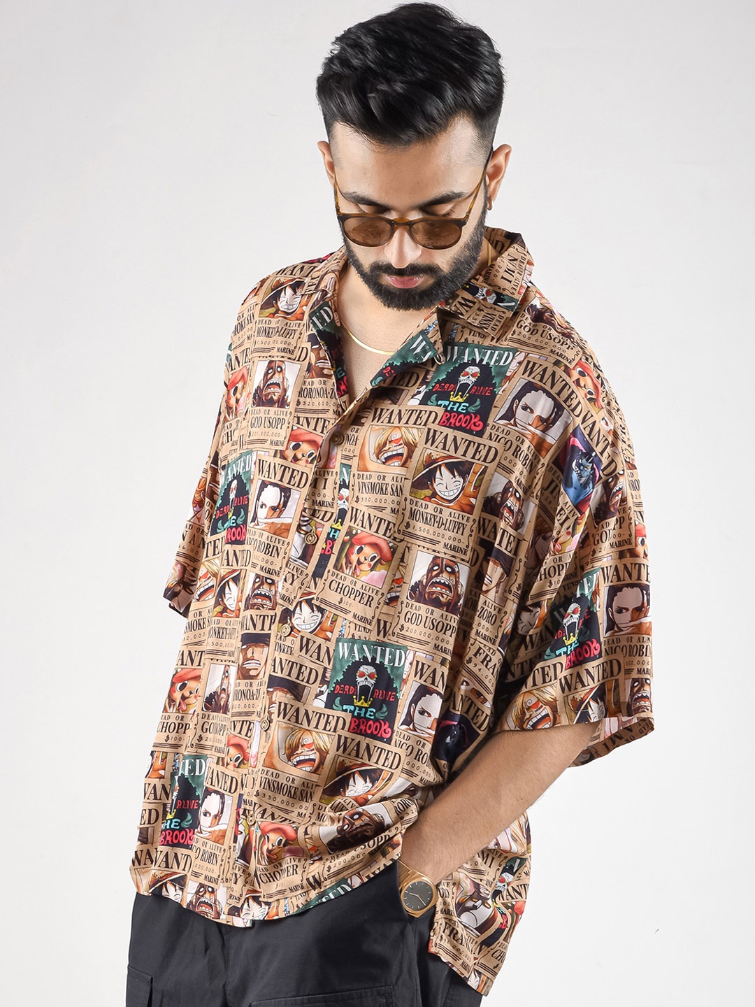 COMICSENSE Anime Printed Oversized Hawaiian Shirt, Beige