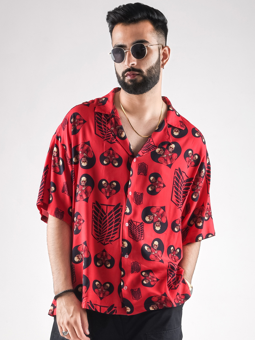 

COMICSENSE Men Anime Printed Attack on Titan Oversized Hawaiian Shirt, Pink