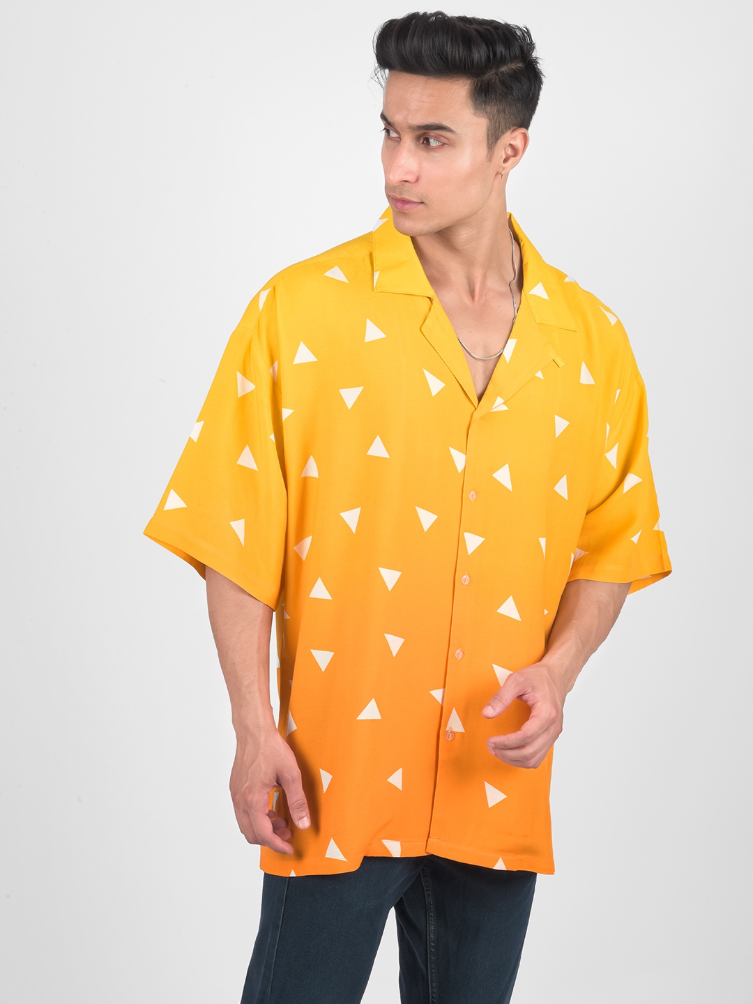 

COMICSENSE Men Anime Printed Demon Slayer Oversized Hawaiian Shirt, Yellow