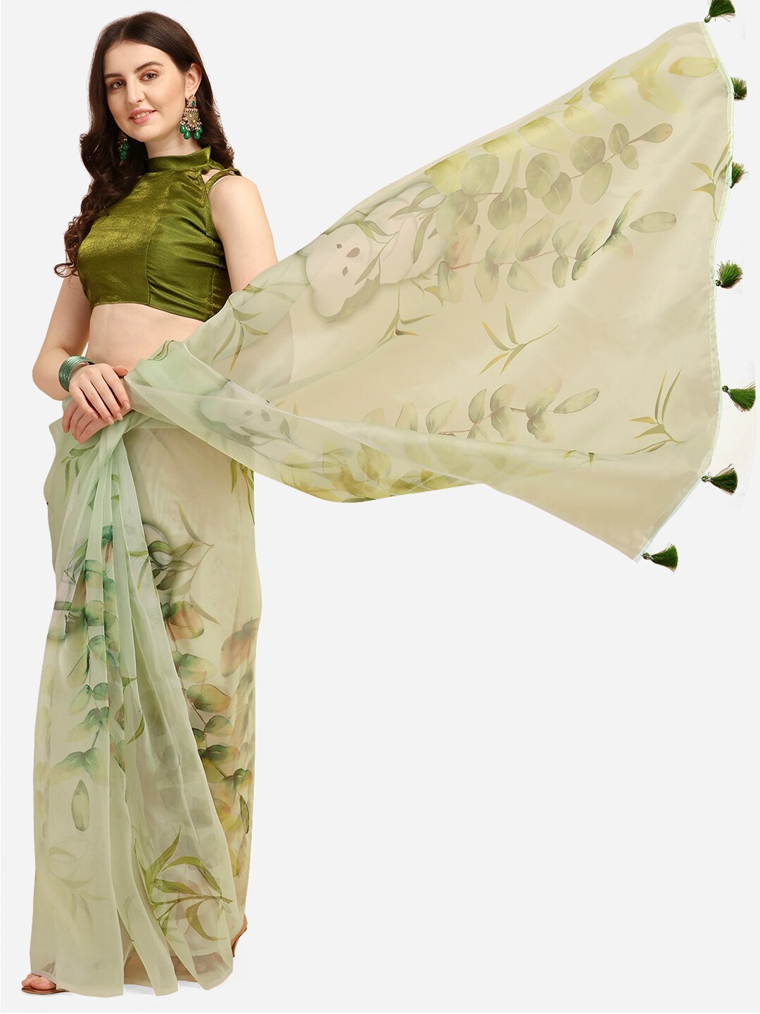 

Mitera White & Green Floral Organza Saree