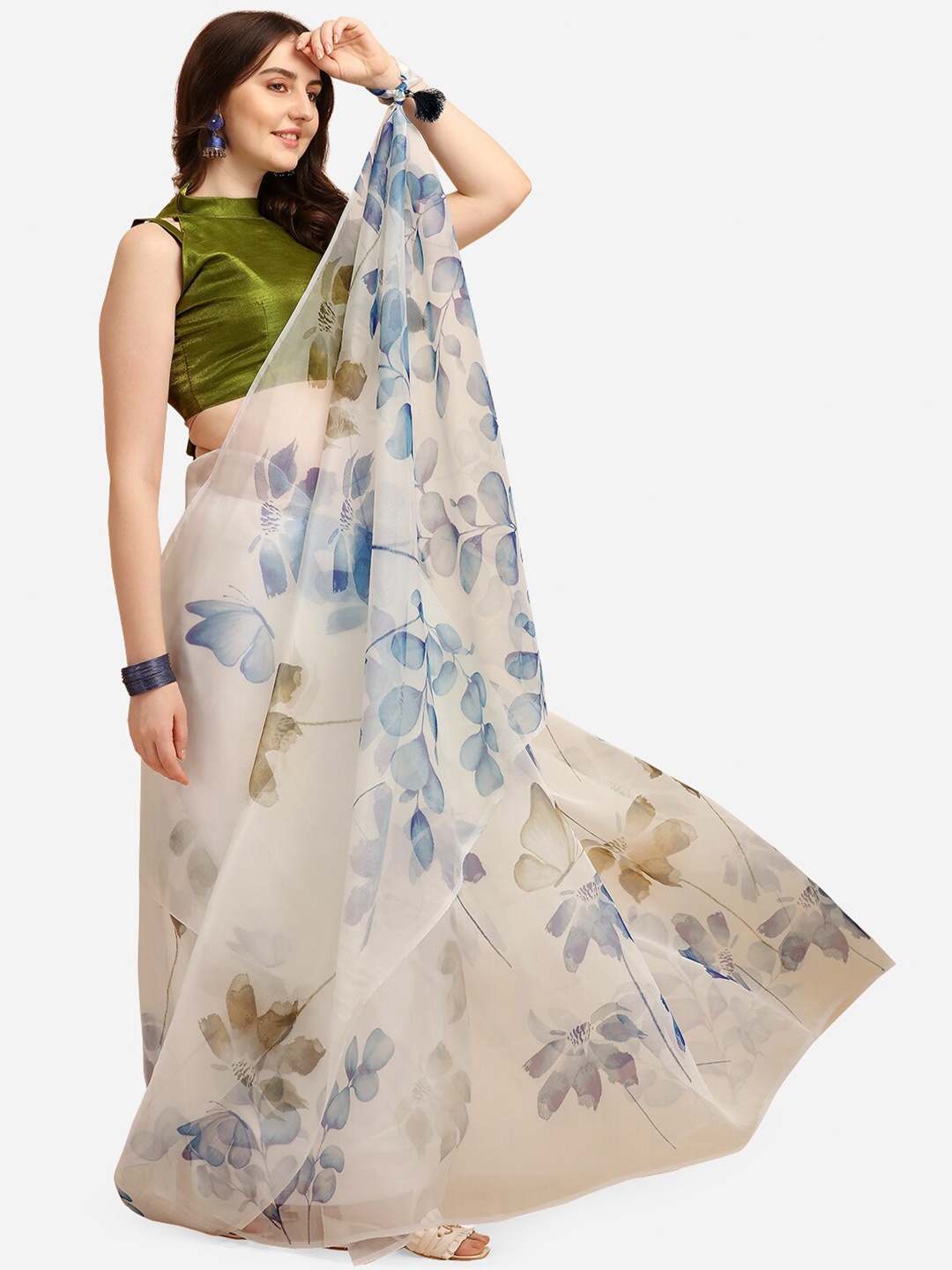 

Mitera White & Blue Floral Organza Saree