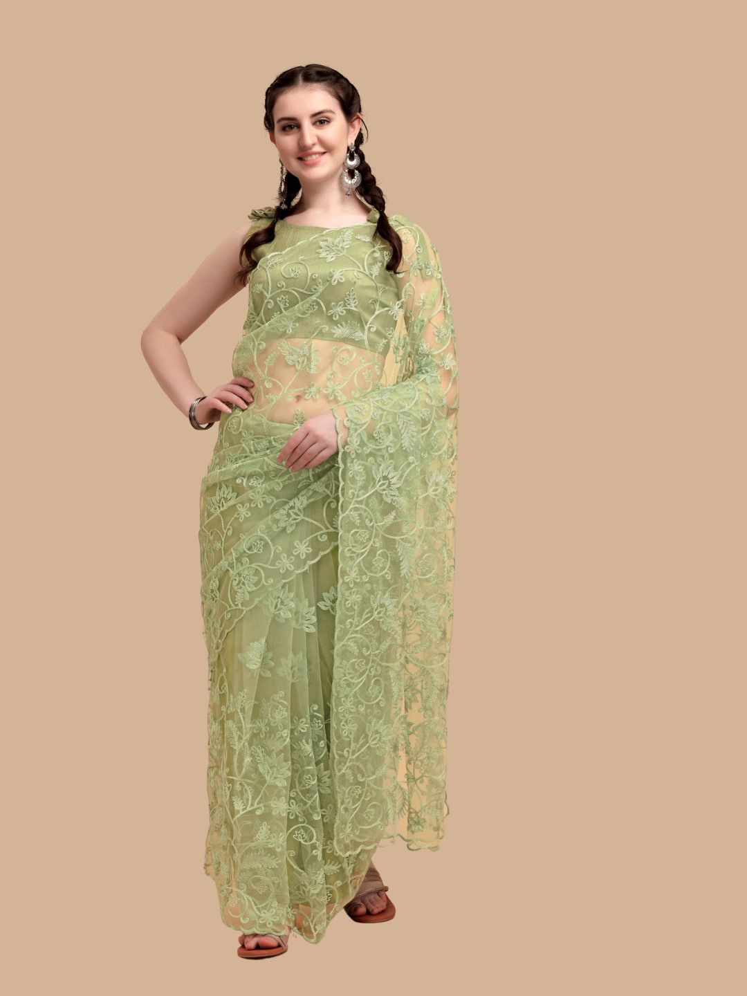 

Mitera Green Floral Embroidered Net Saree