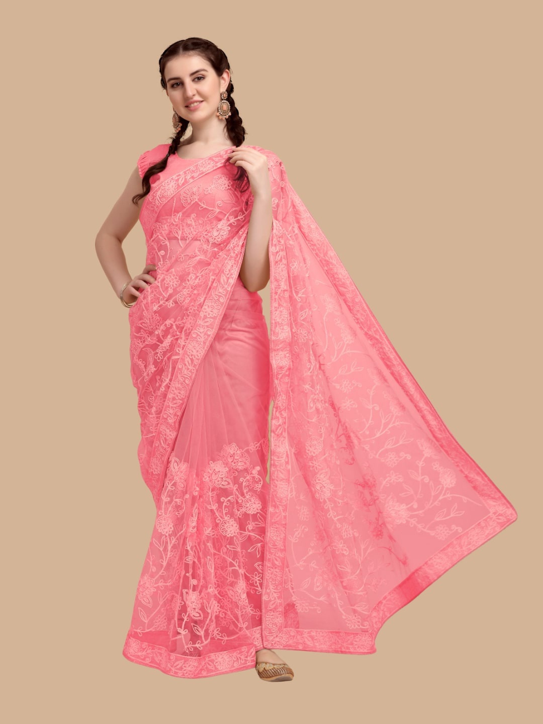 

Mitera Pink Floral Embroidered Net Saree