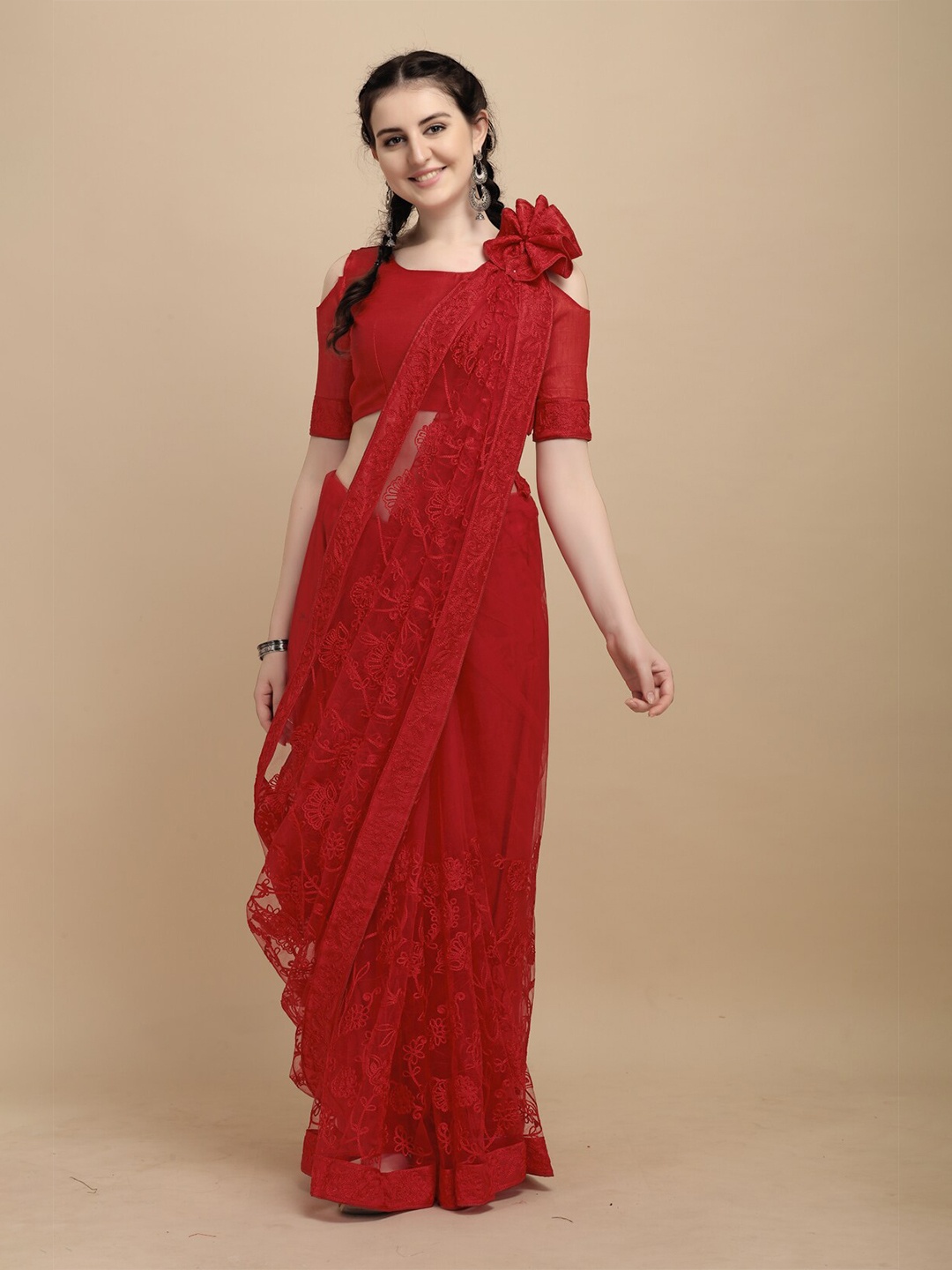 

Mitera Red Floral Embroidered Net Saree