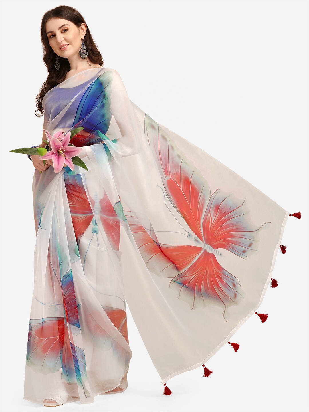 

Mitera White & Blue Ethnic Motifs Organza Saree