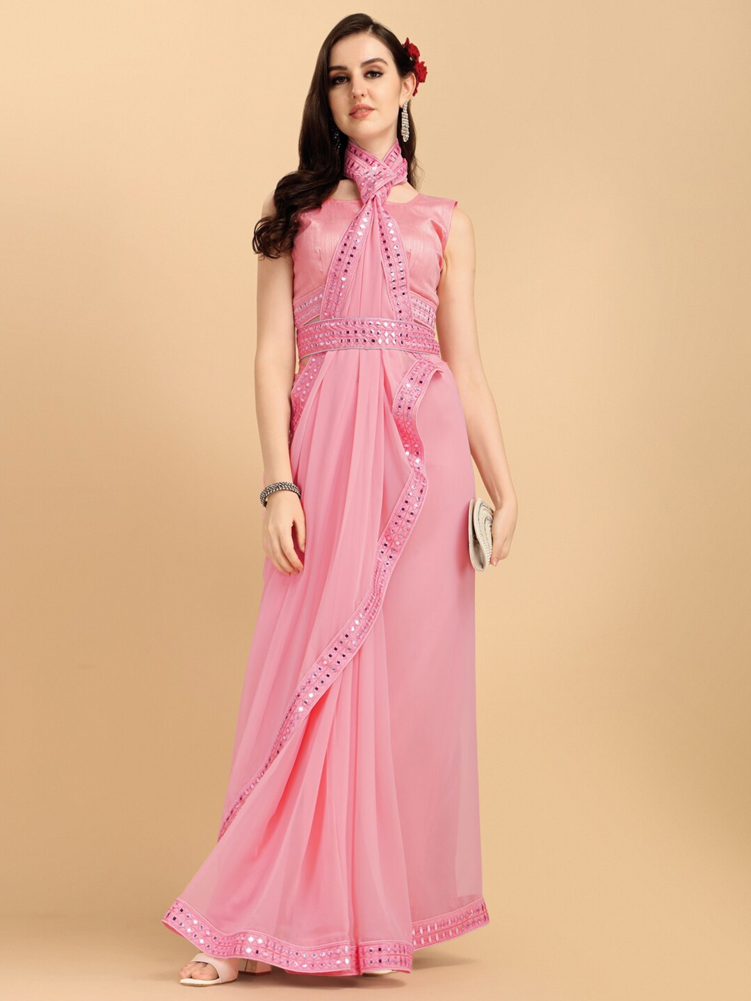 

Mitera Women Pink Embellished Mirror Work Pure Georgette Saree