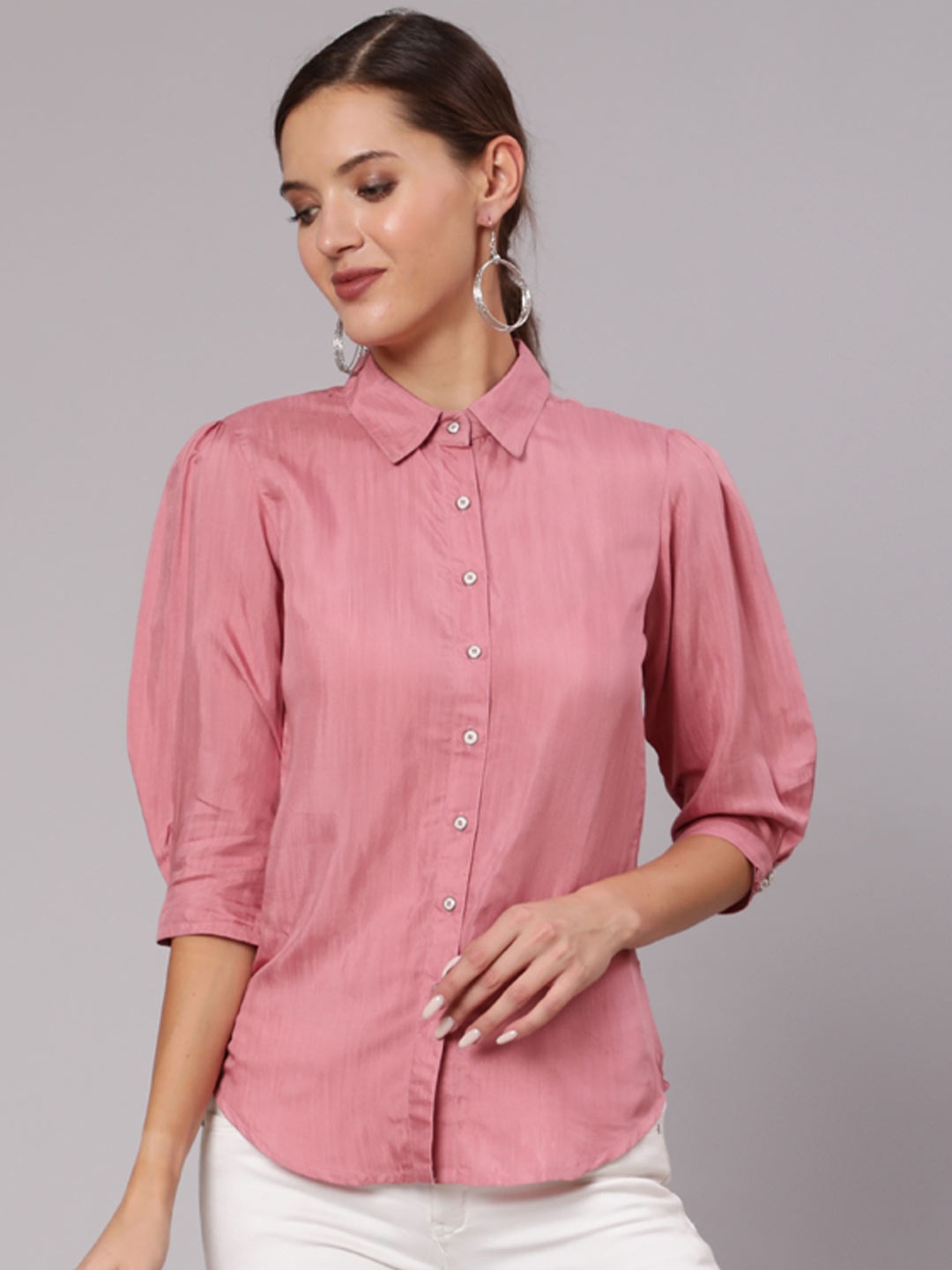 

Jaipur Kurti Women Silk Blend Solid Shirt With Puffed Sleeves And Front Opening, Pink