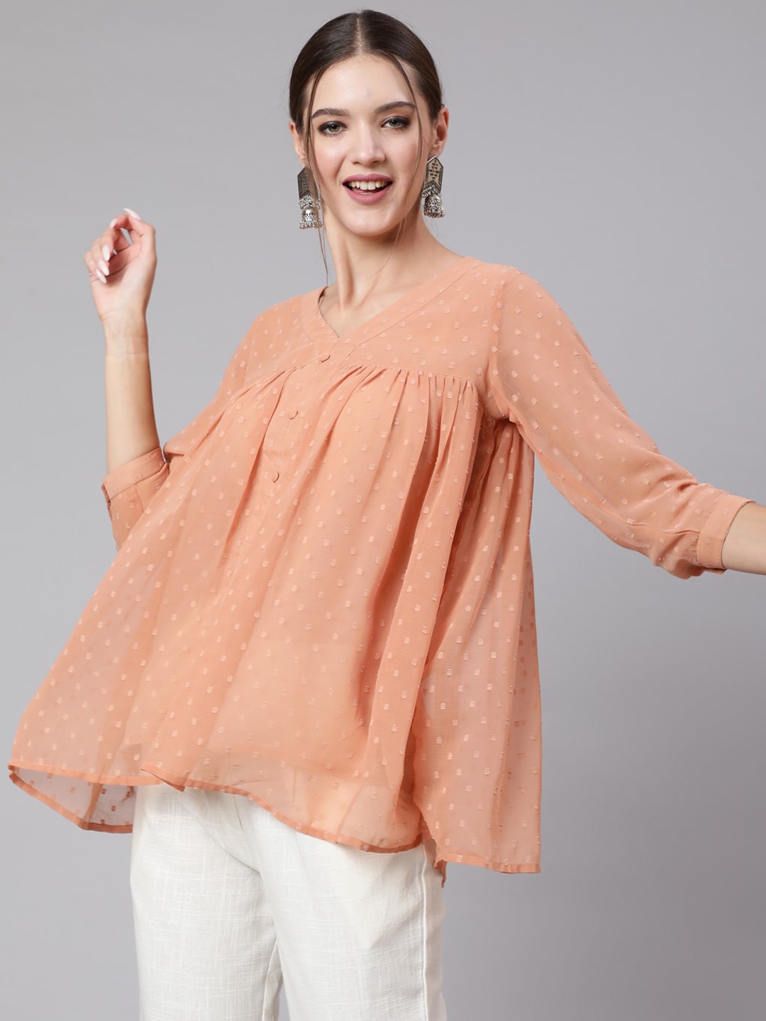 

Jaipur Kurti Women Peach Color & White Dobby Cotton Co-Ords Set