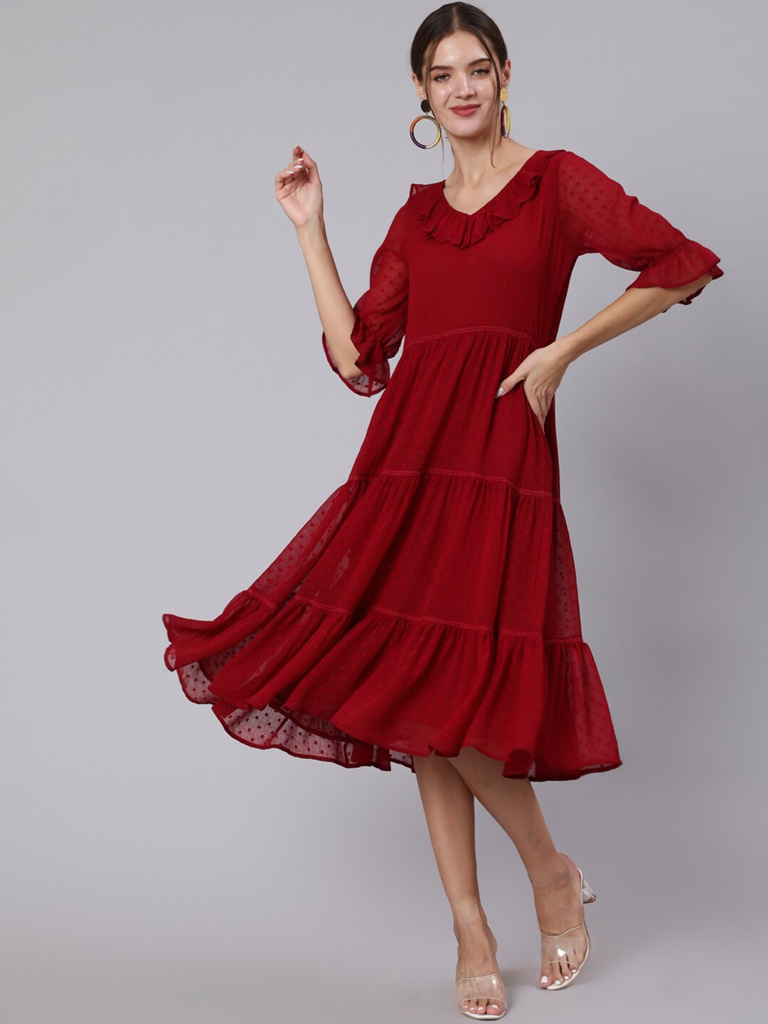 

Jaipur Kurti Women Maroon Georgette A-Line Midi Dress