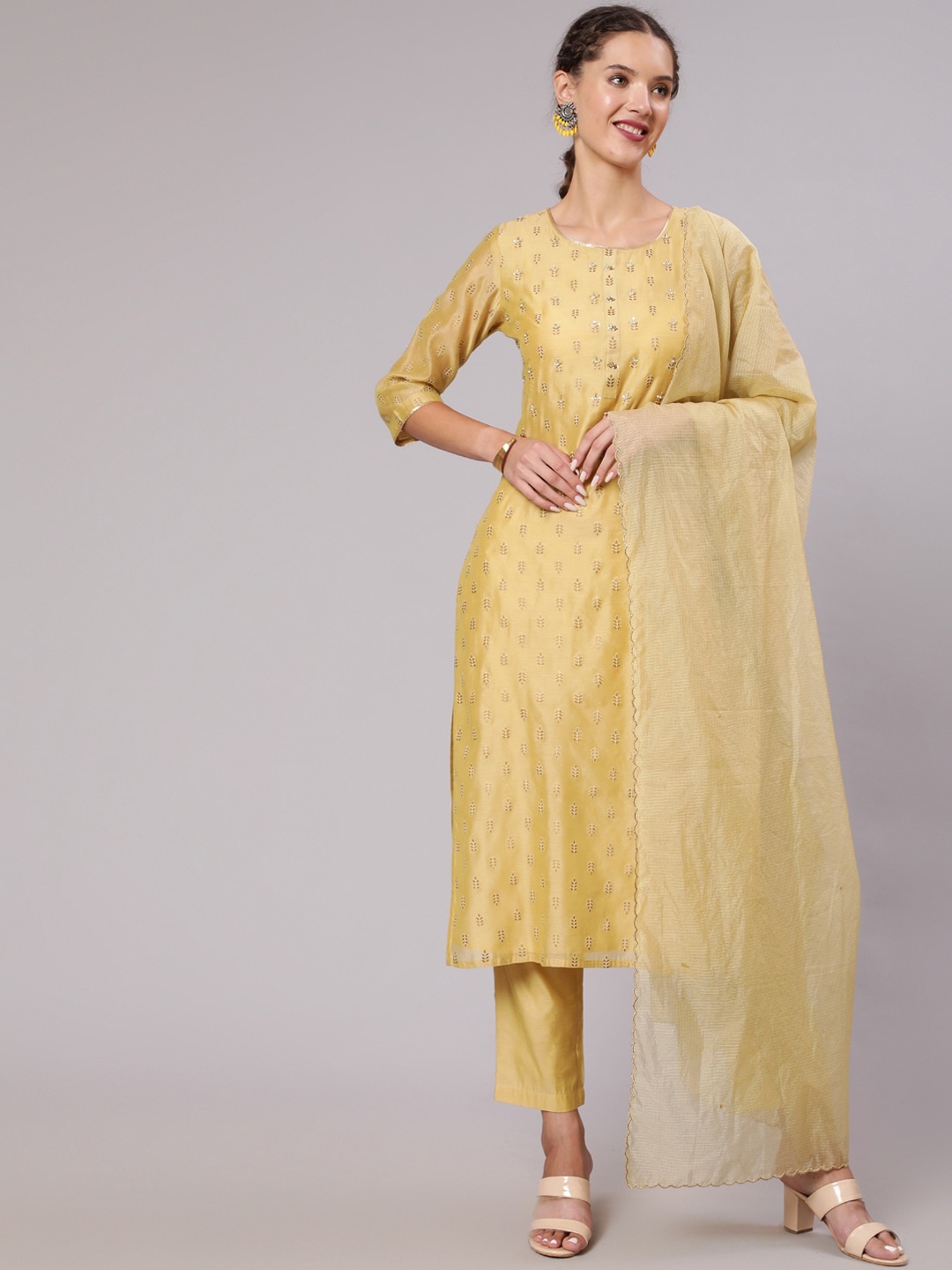 

Jaipur Kurti Women Yellow Ethnic Motifs Chanderi Cotton Kurta wth Trouser & Dupatta