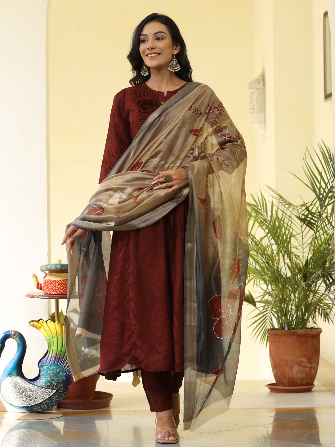 

Jaipur Kurti Women Brown Pleated Kurta with Trousers & With Dupatta