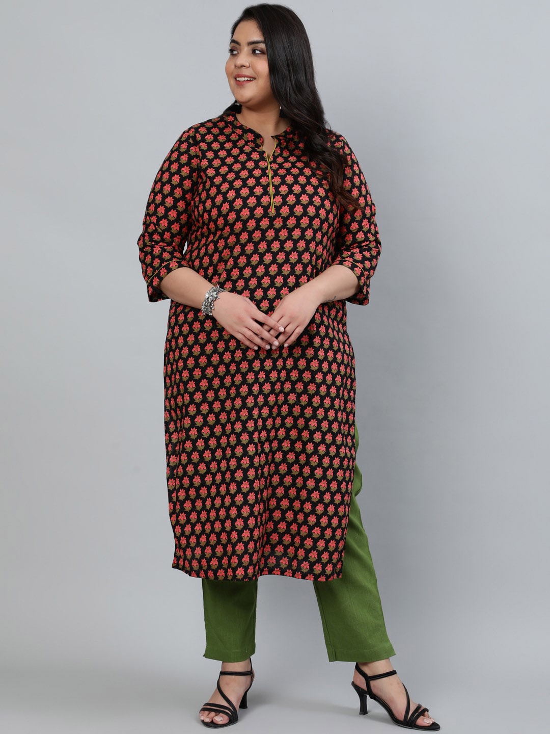 

Jaipur Kurti Women Plus size Black Ethnic Motifs Printed Pure Cotton Kurta with Trousers