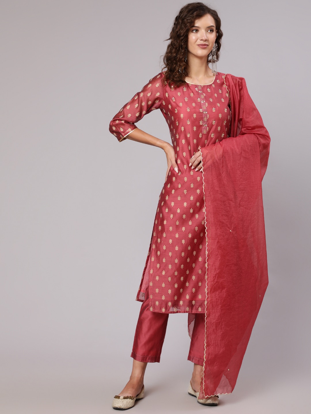 

Jaipur Kurti Women Maroon Ethnic Motifs Chanderi Cotton Kurta with Trouser & Dupatta