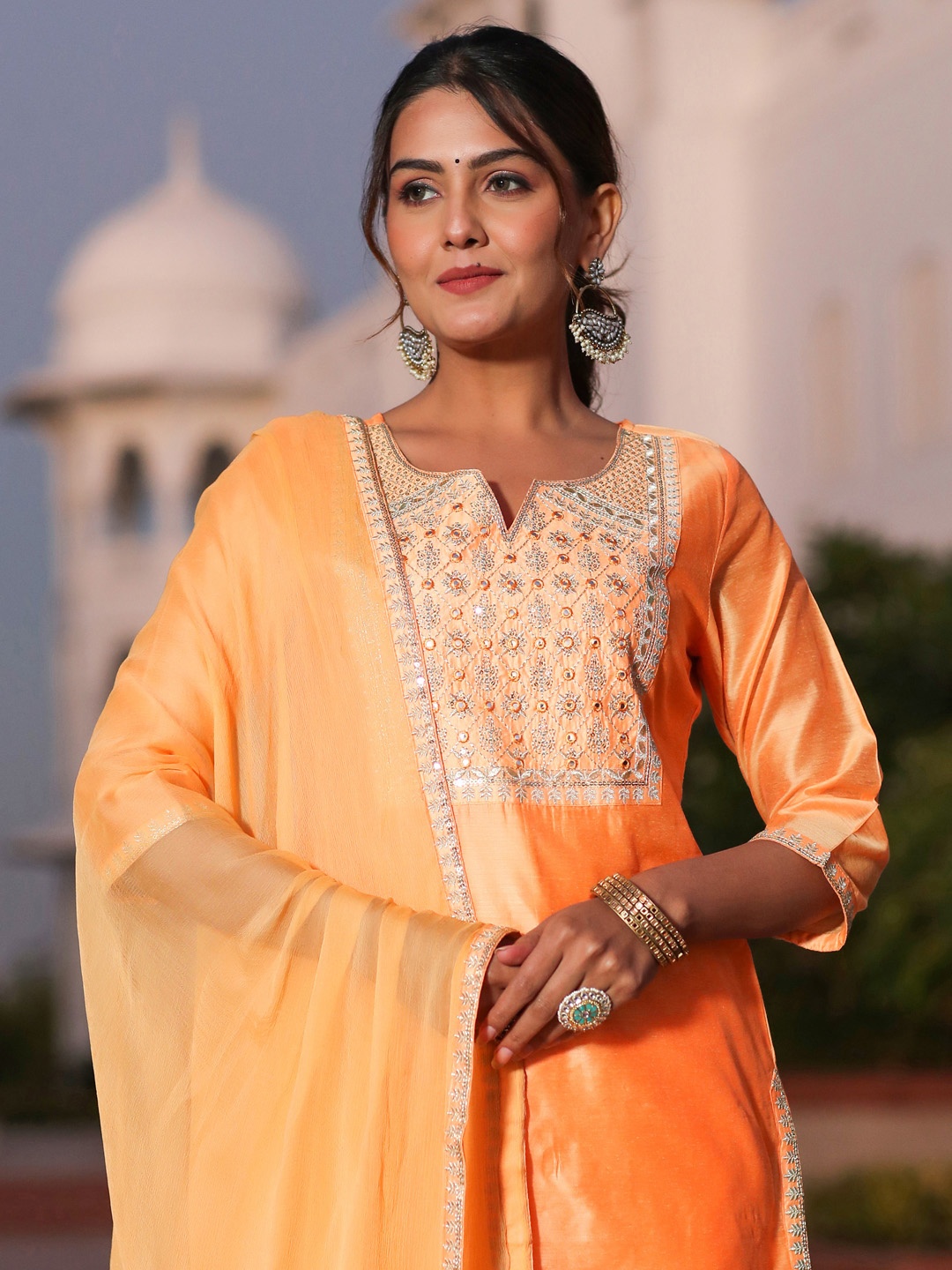 

Jaipur Kurti Women Orange Embroidered Chanderi Cotton Kurta with Trousers & With Dupatta