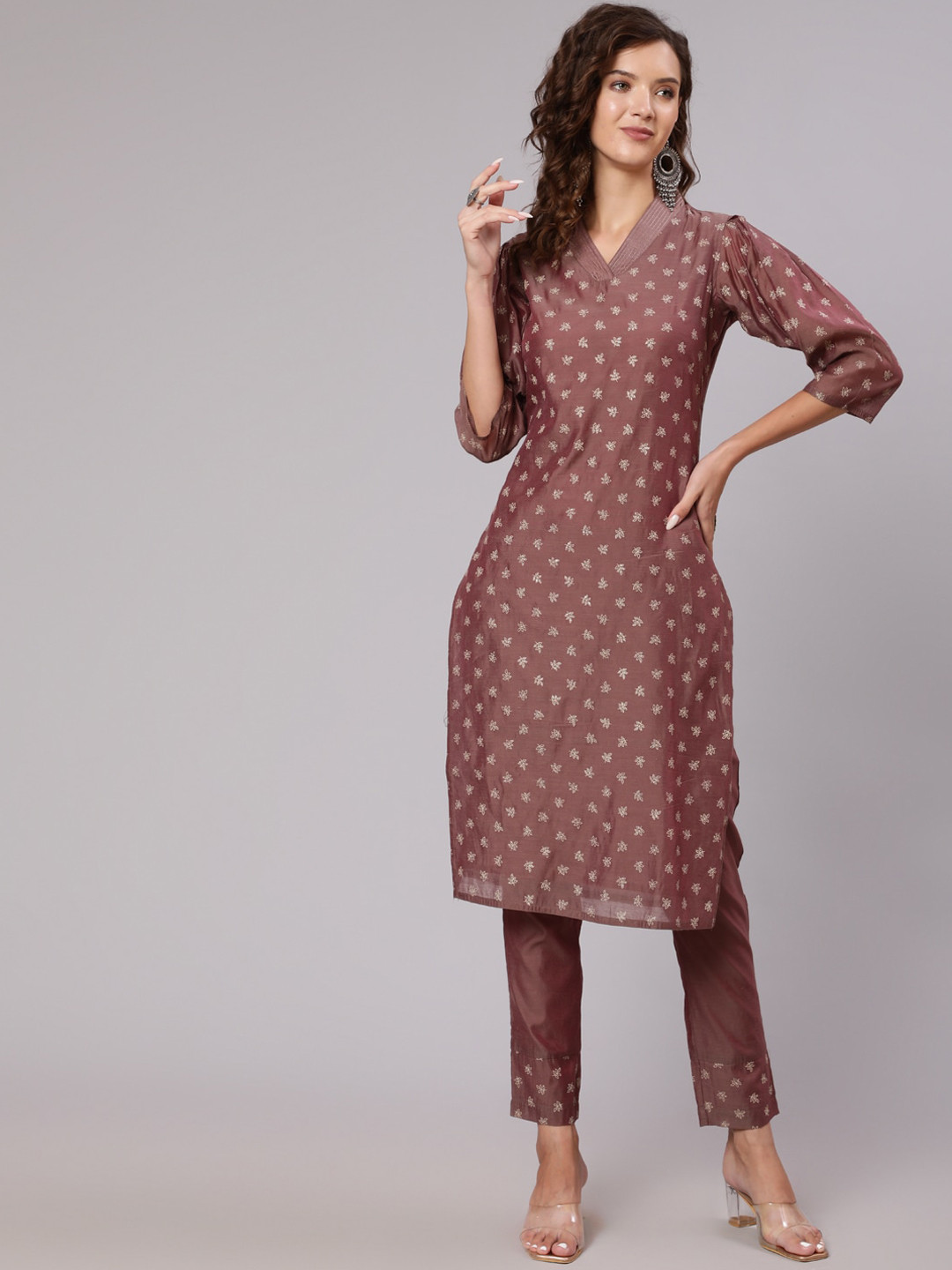

Jaipur Kurti Women Brown Ethnic Motifs Printed Chanderi Cotton Kurta with Trouser