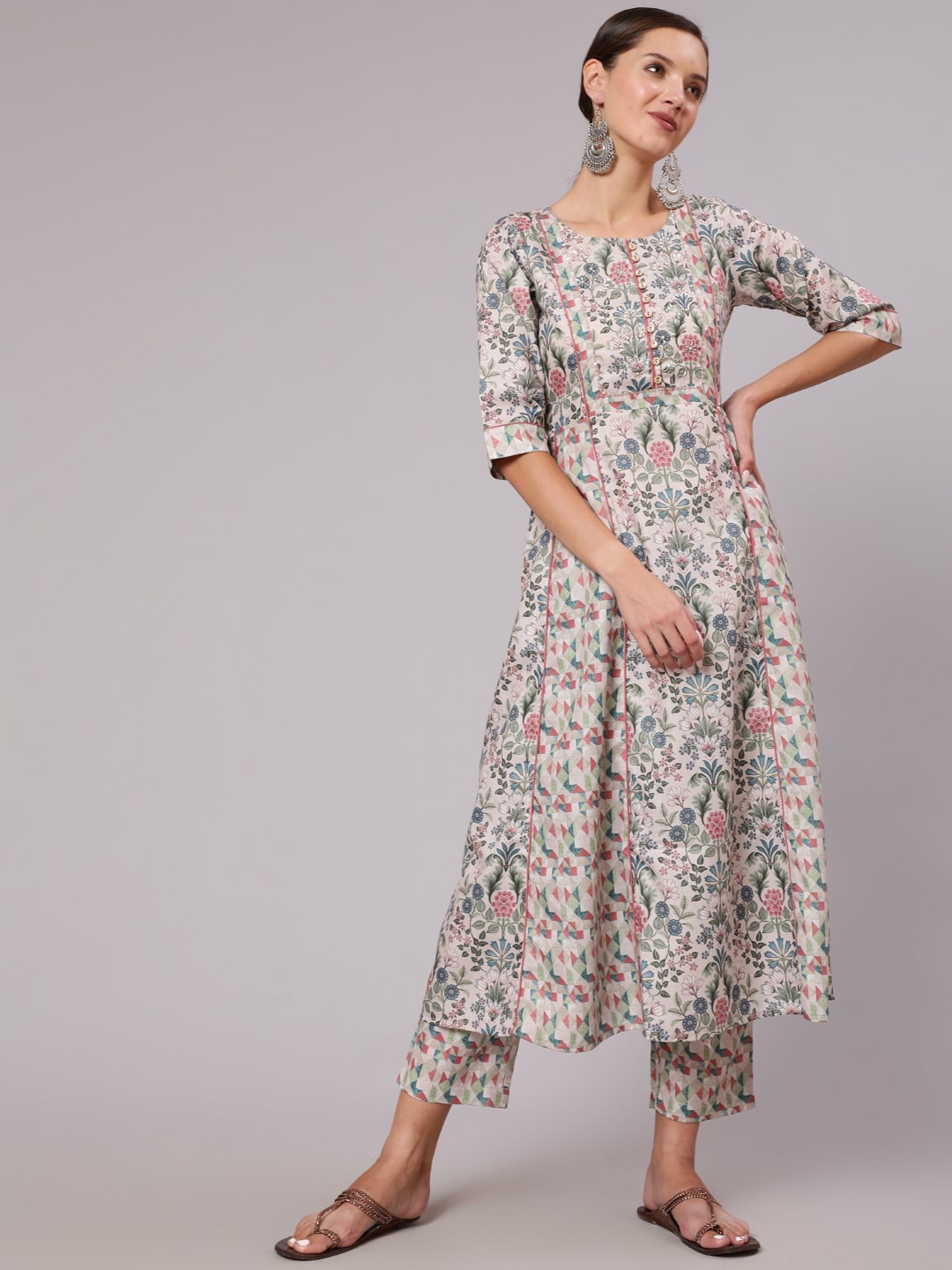 

Jaipur Kurti Women Beige & Blue Floral Printed Panelled Kurta with Palazzos