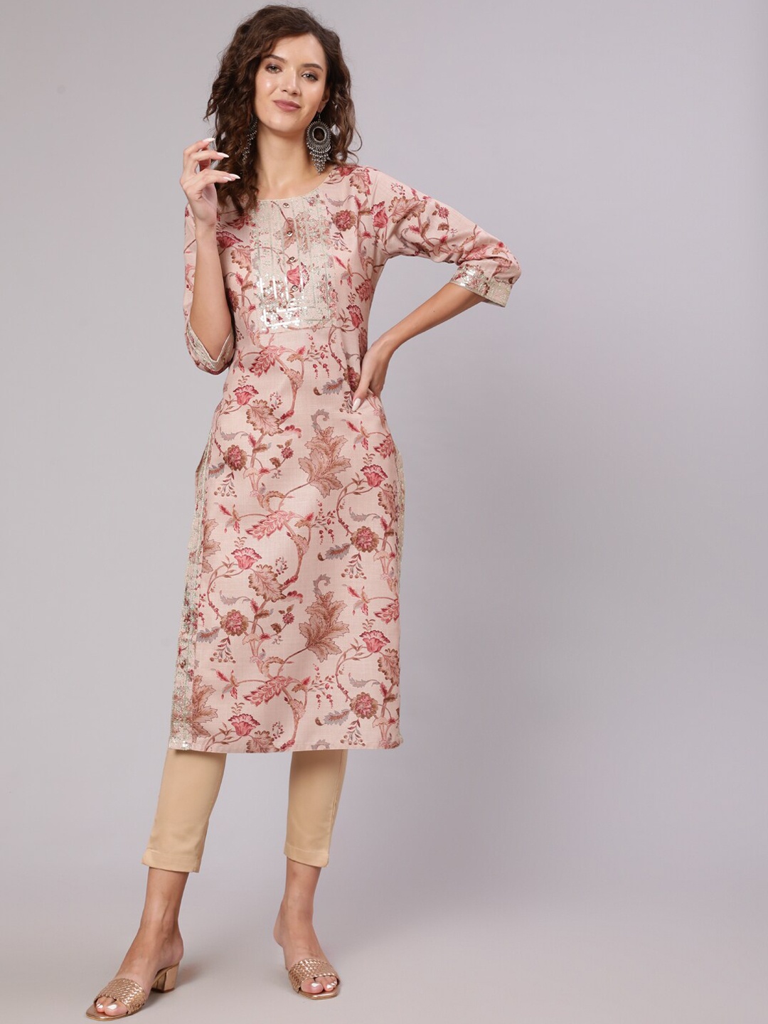 

Jaipur Kurti Women Beige & Brown Floral Printed Thread Work Kurta