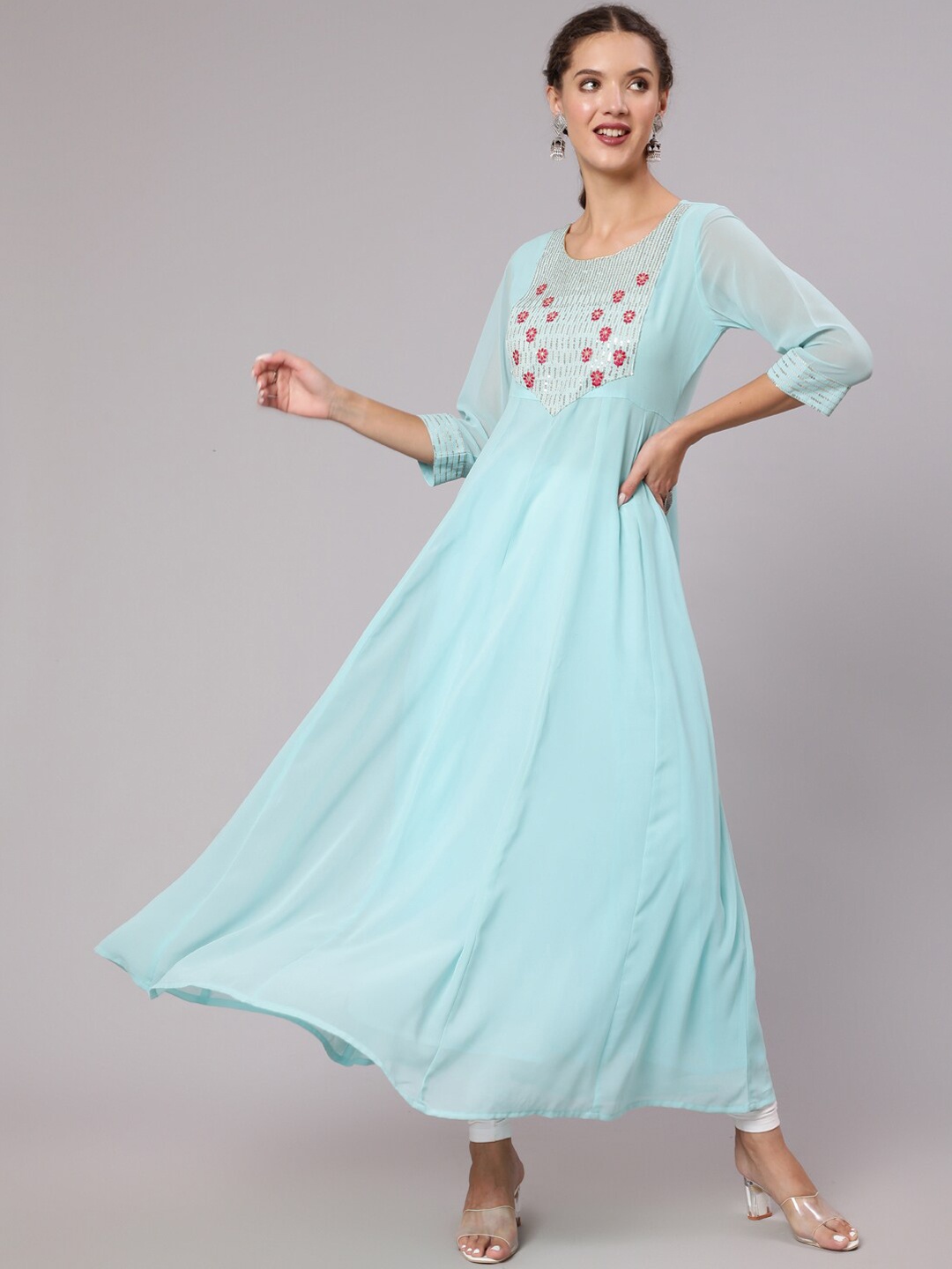 

Jaipur Kurti Women Blue Floral Embroidered Georgette Anarkali Kurta