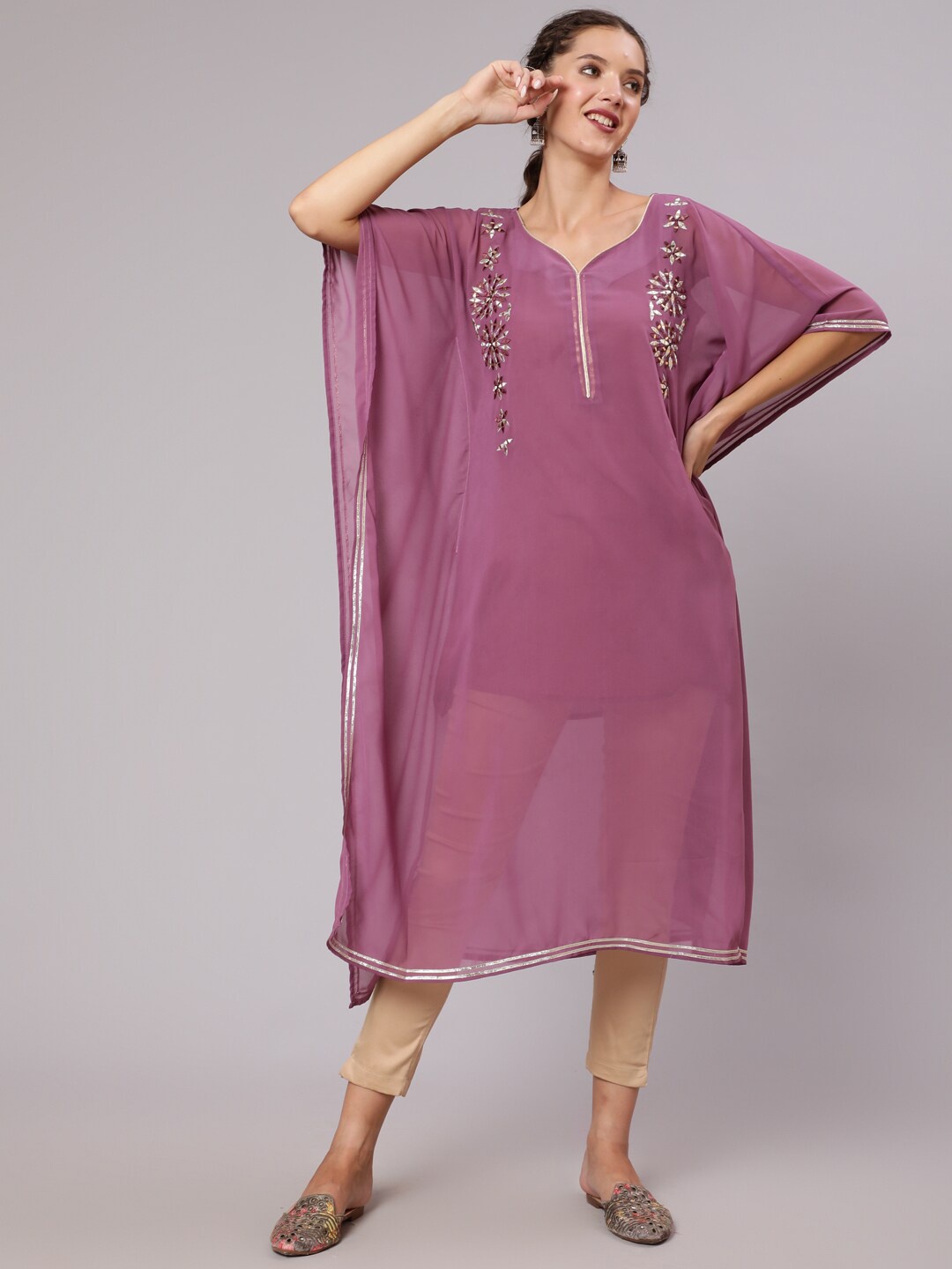 

Jaipur Kurti Women Purple Embroidered Mirror Work Georgette Kaftan Kurta