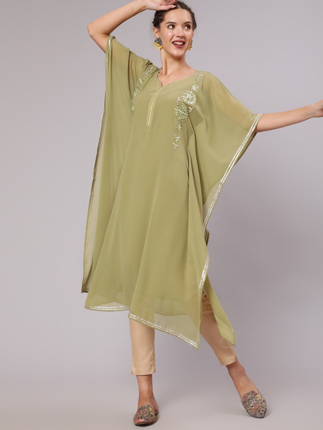 

Jaipur Kurti Women Green Embroidered Mirror Work Kaftan Kurta