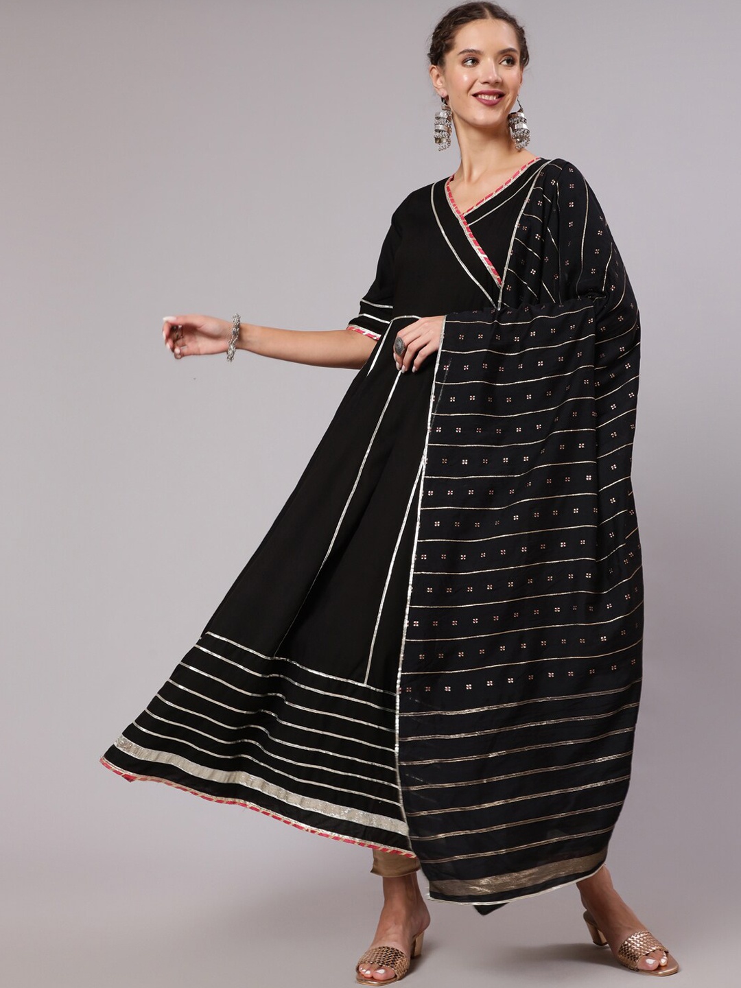 

Jaipur Kurti Women Black Anarkali Angrakha Kurta With Dupatta