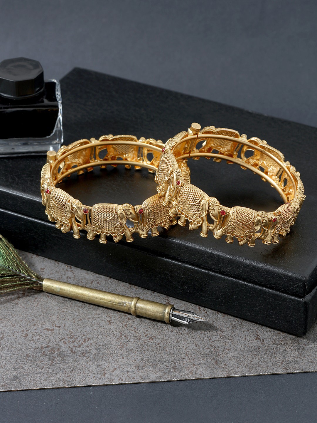 

AccessHer Set Of 2 Gold-Plated Red Stone-Beaded Meenakari Bangle