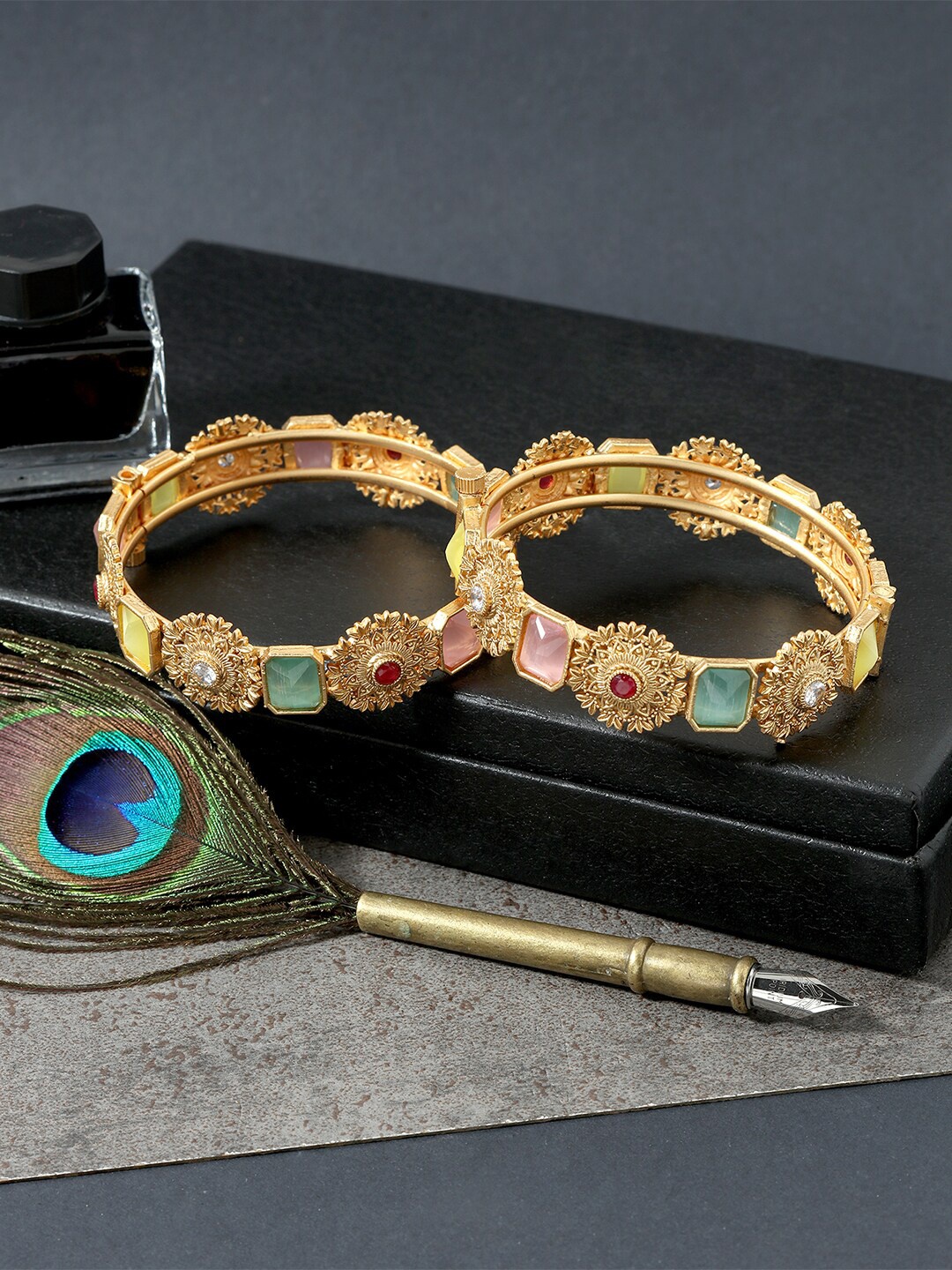 

AccessHer Set Of 2 Gold-Plated Pink & Green Stone-Studded Bangles