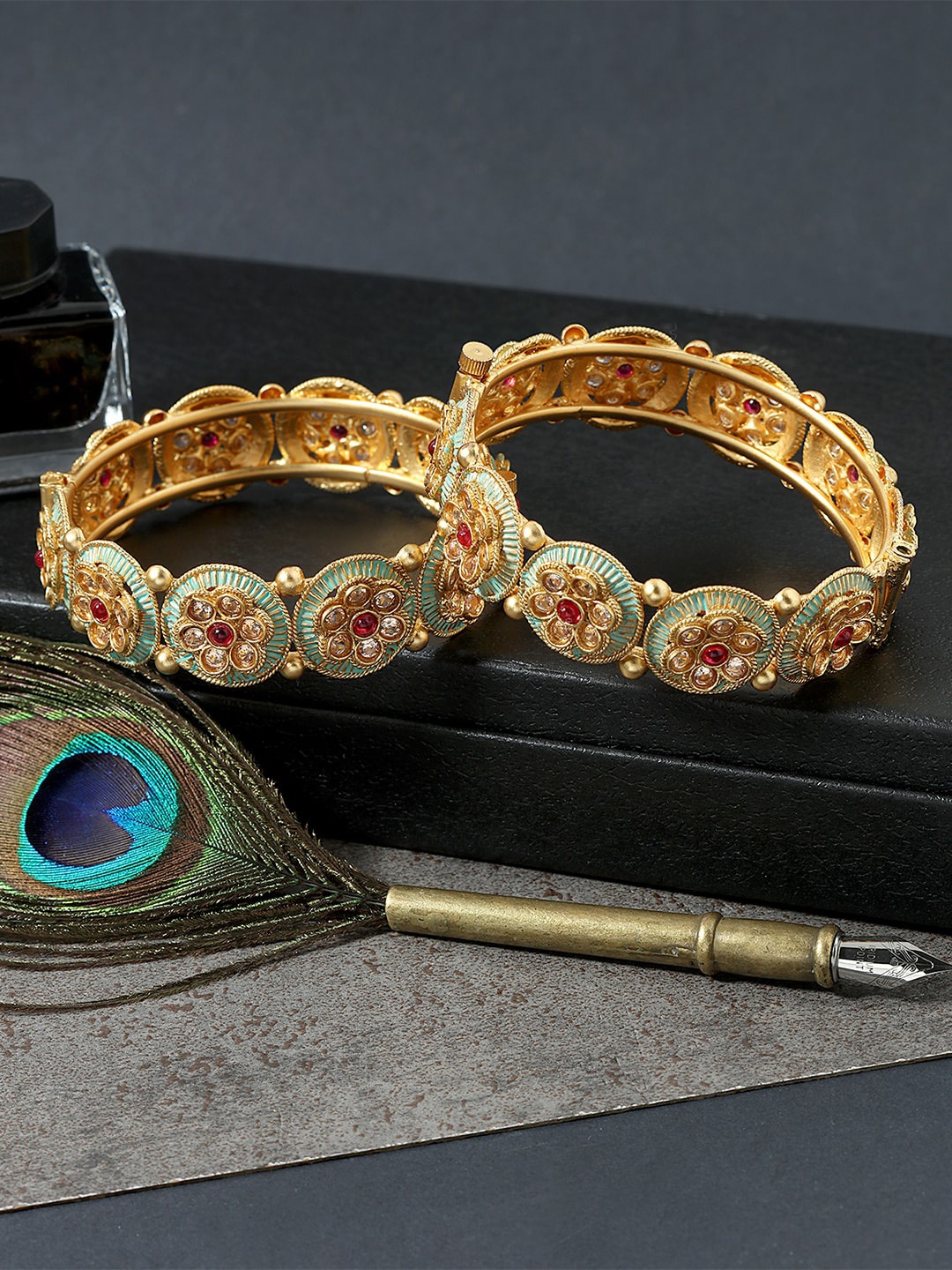 

AccessHer Set Of 2 Gold-Plated & Red Stone-Studded Bangles
