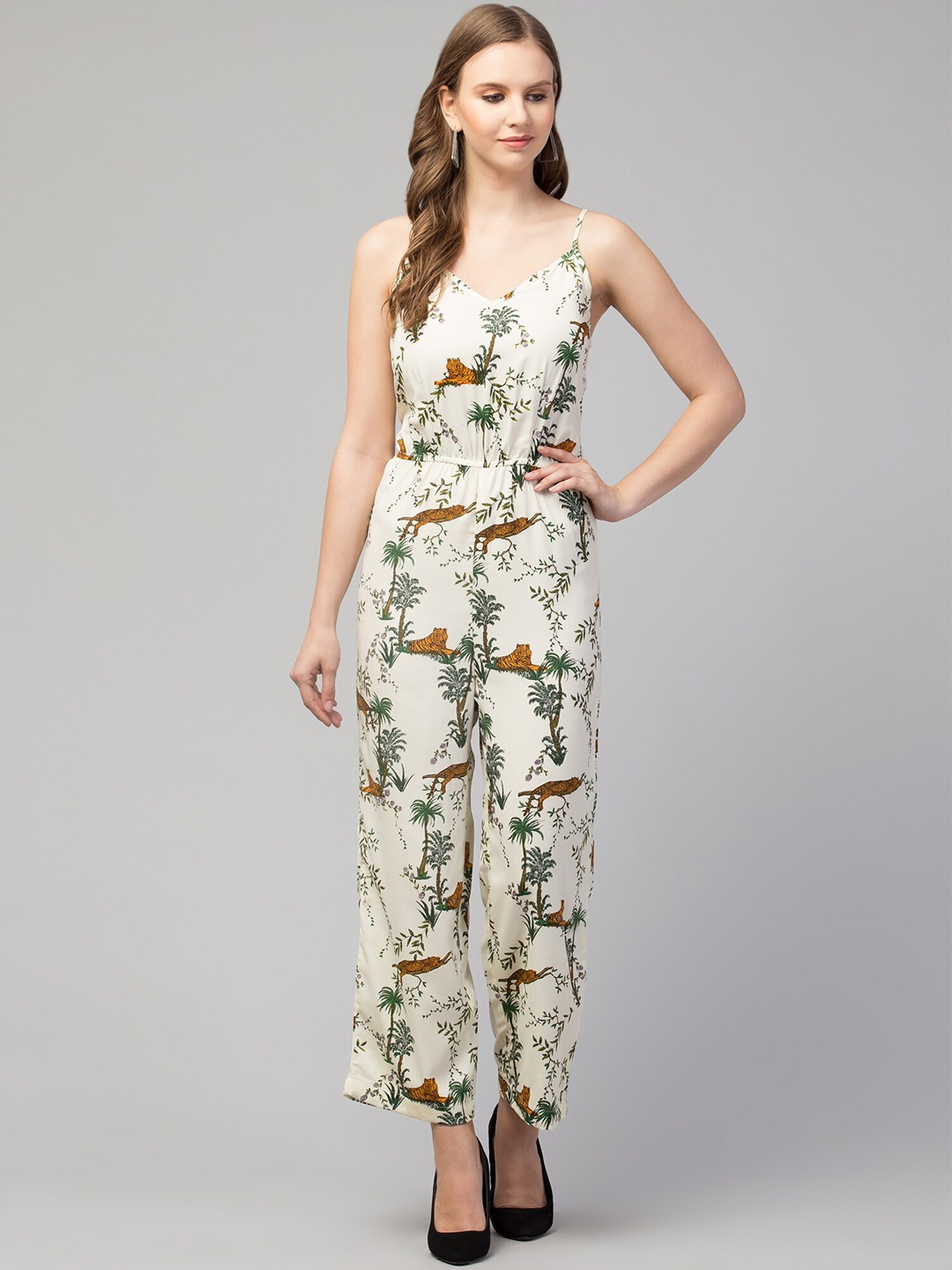 

SQew Women Off White & Green Printed Basic Jumpsuit