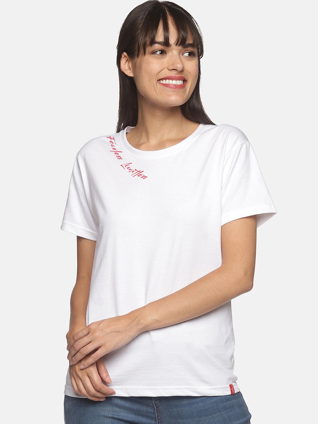 

NOT YET by us Women White & Red Typography Printed Drop-Shoulder Sleeves Cotton T-shirt