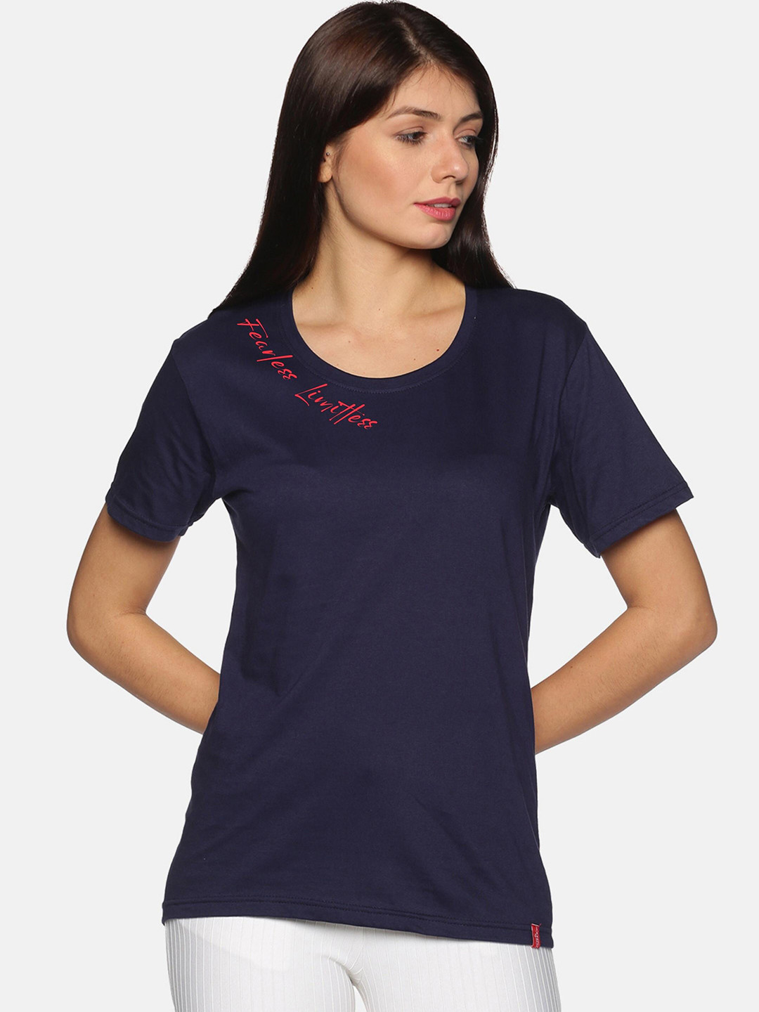

NOT YET by us Women Navy Blue & Red Printed Drop-Shoulder Sleeves Cotton T-shirt