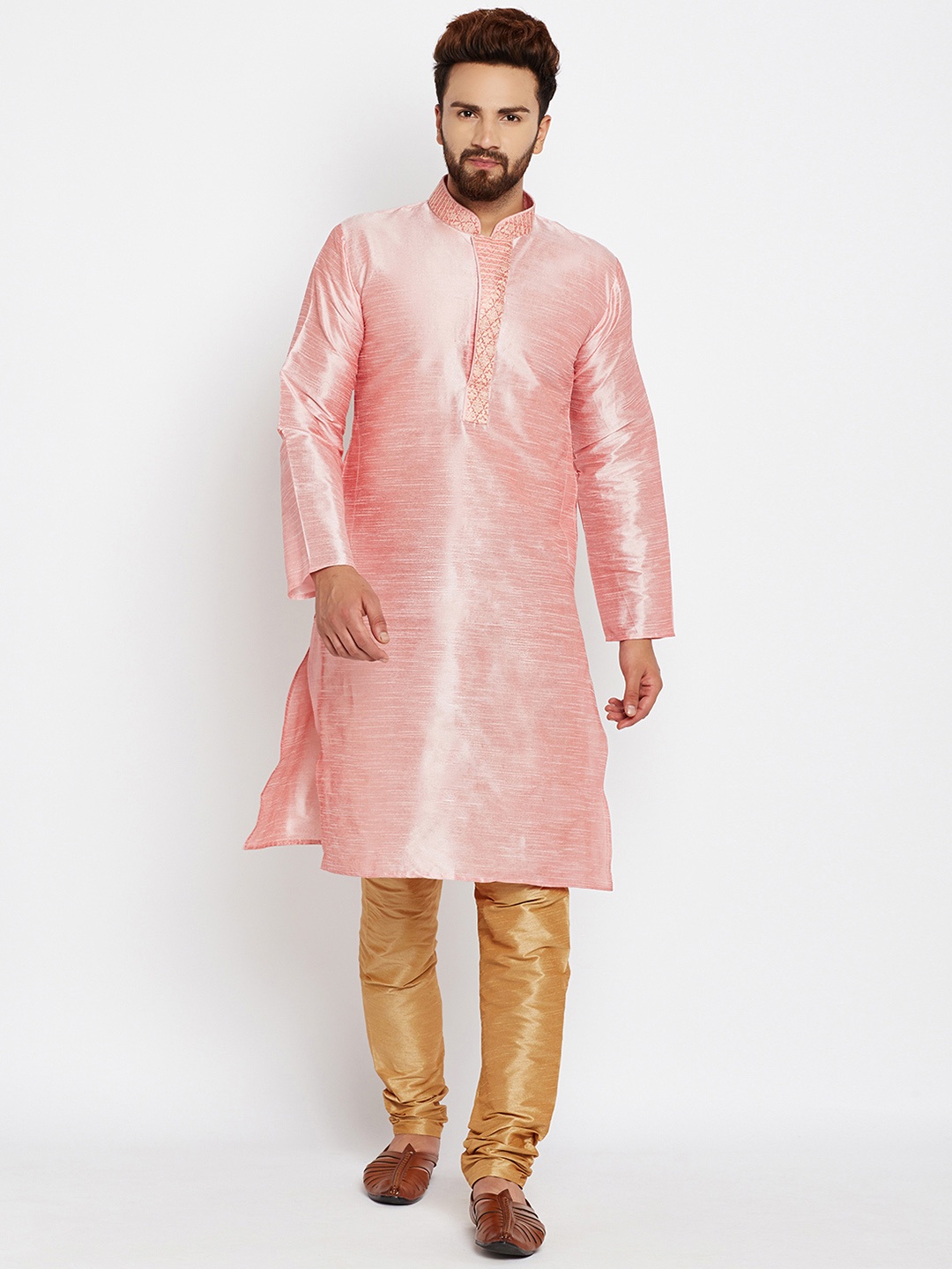 

SOJANYA Men Pink & Golden Solid Kurta with Churidar