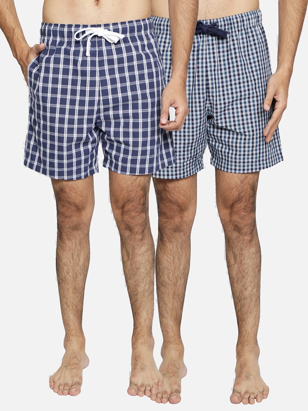 

BStories Men Pack Of 2 Navy Blue & White Checked Pure Cotton Lounge Shorts