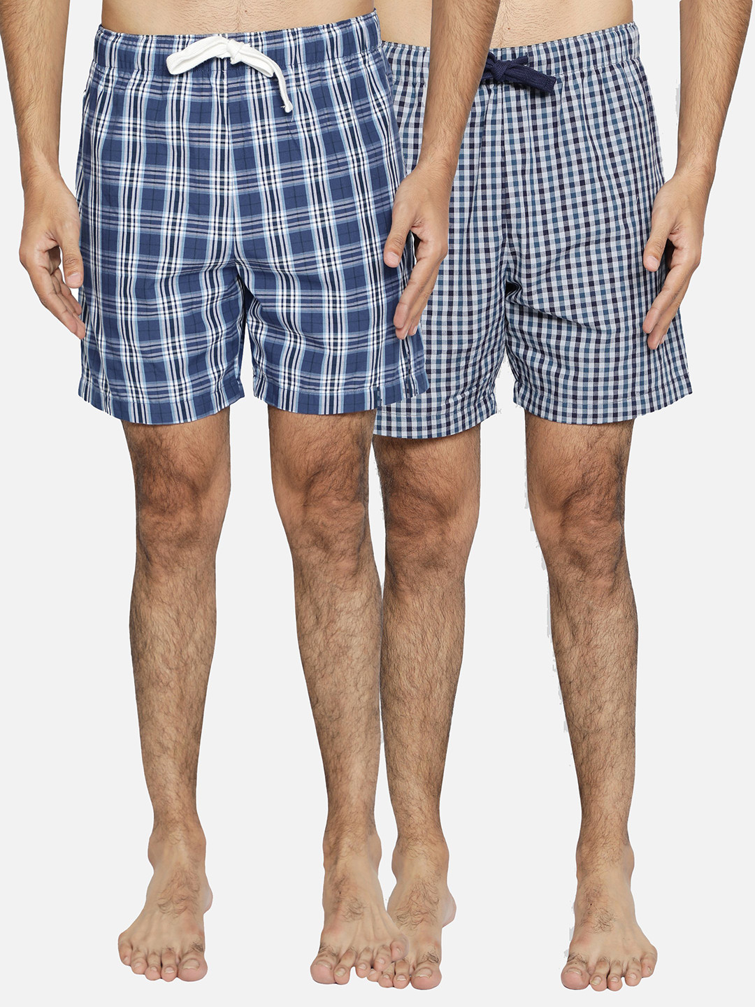 

BStories Men Pack Of 2 Blue & White Checked Lounge Cotton Shorts