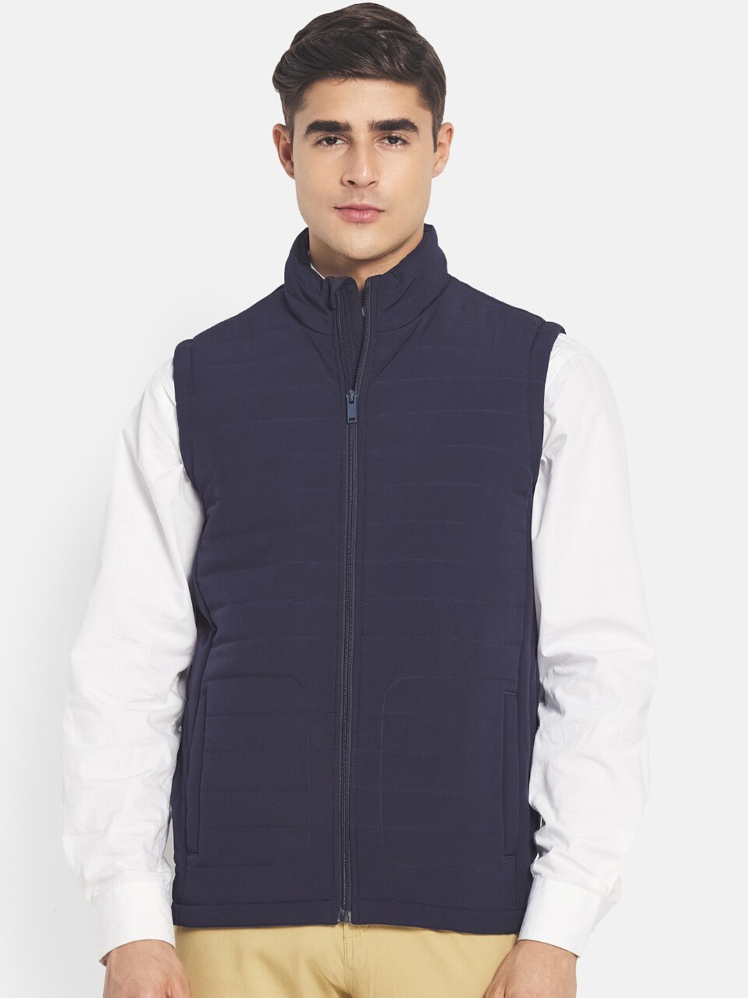 

METTLE Men Navy Blue Solid Quilted Jacket