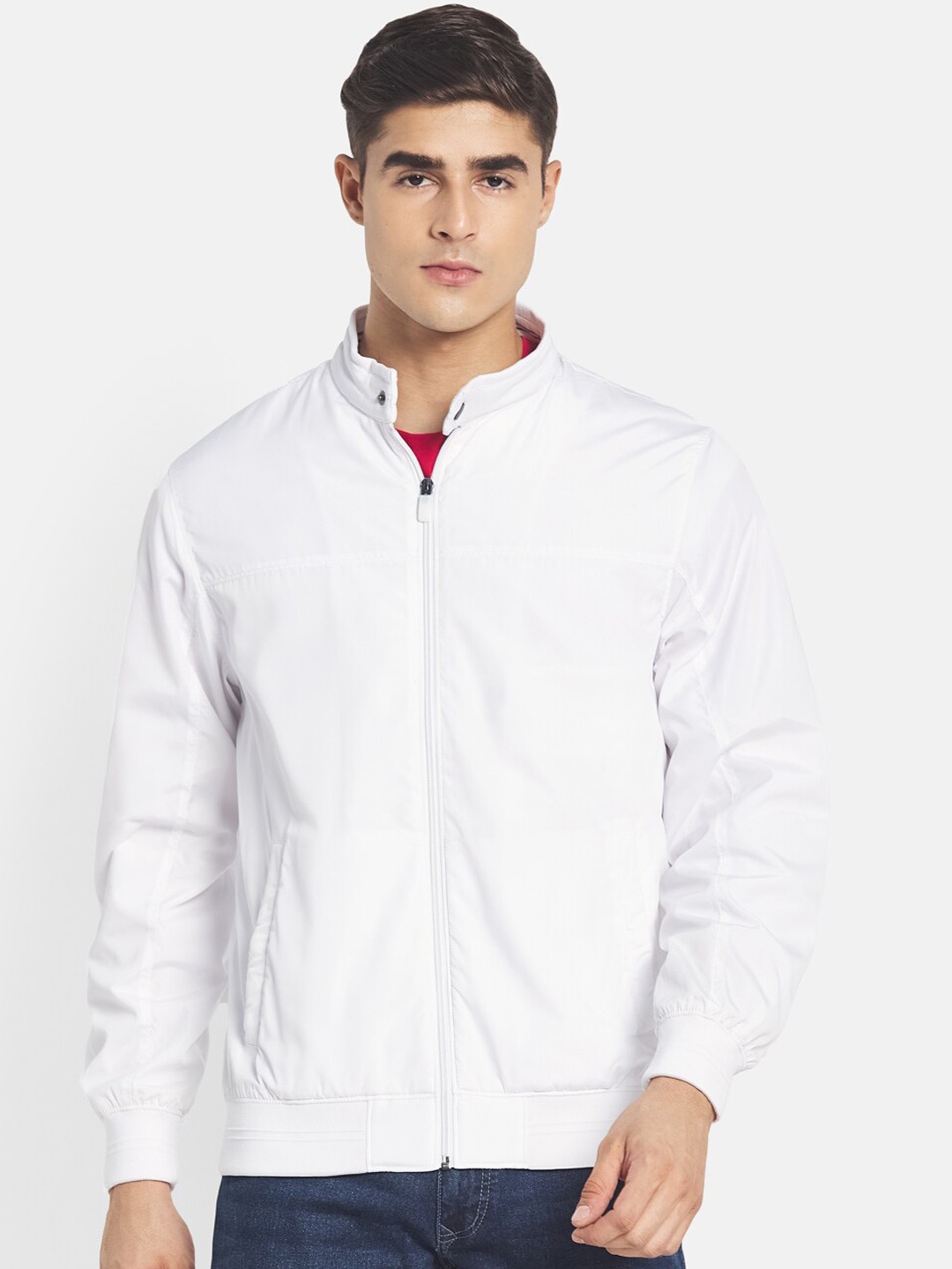 

METTLE Men White Solid Long Sleeves Bomber Jacket