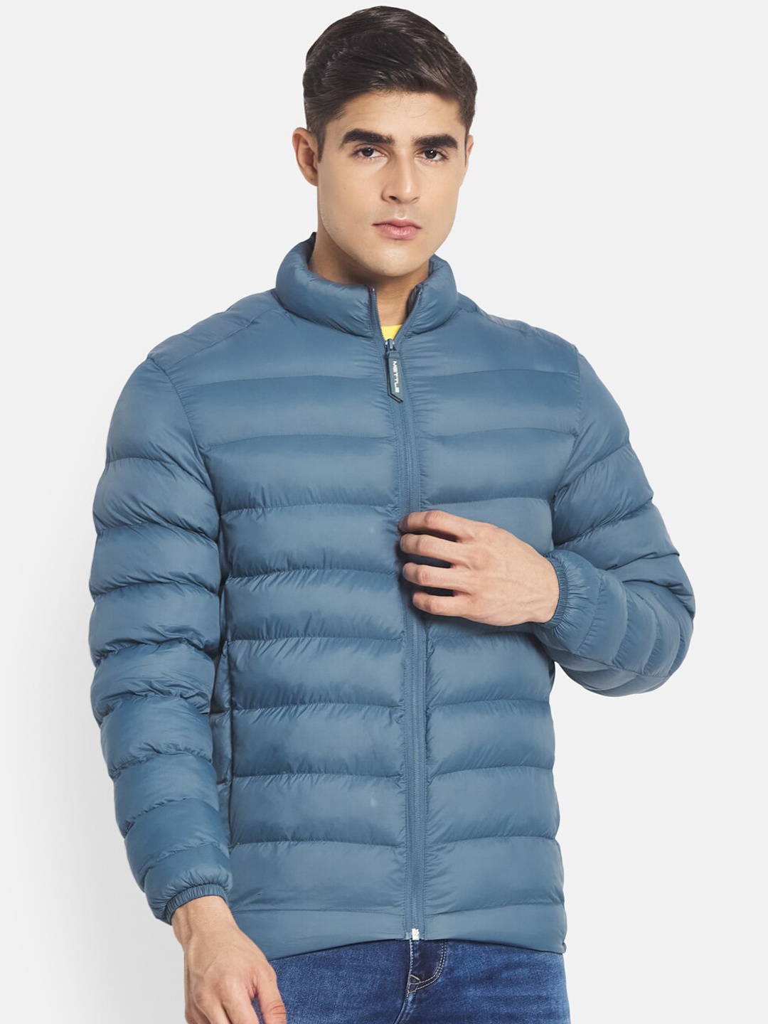 

METTLE Men Blue Mock Collar Puffer Jacket