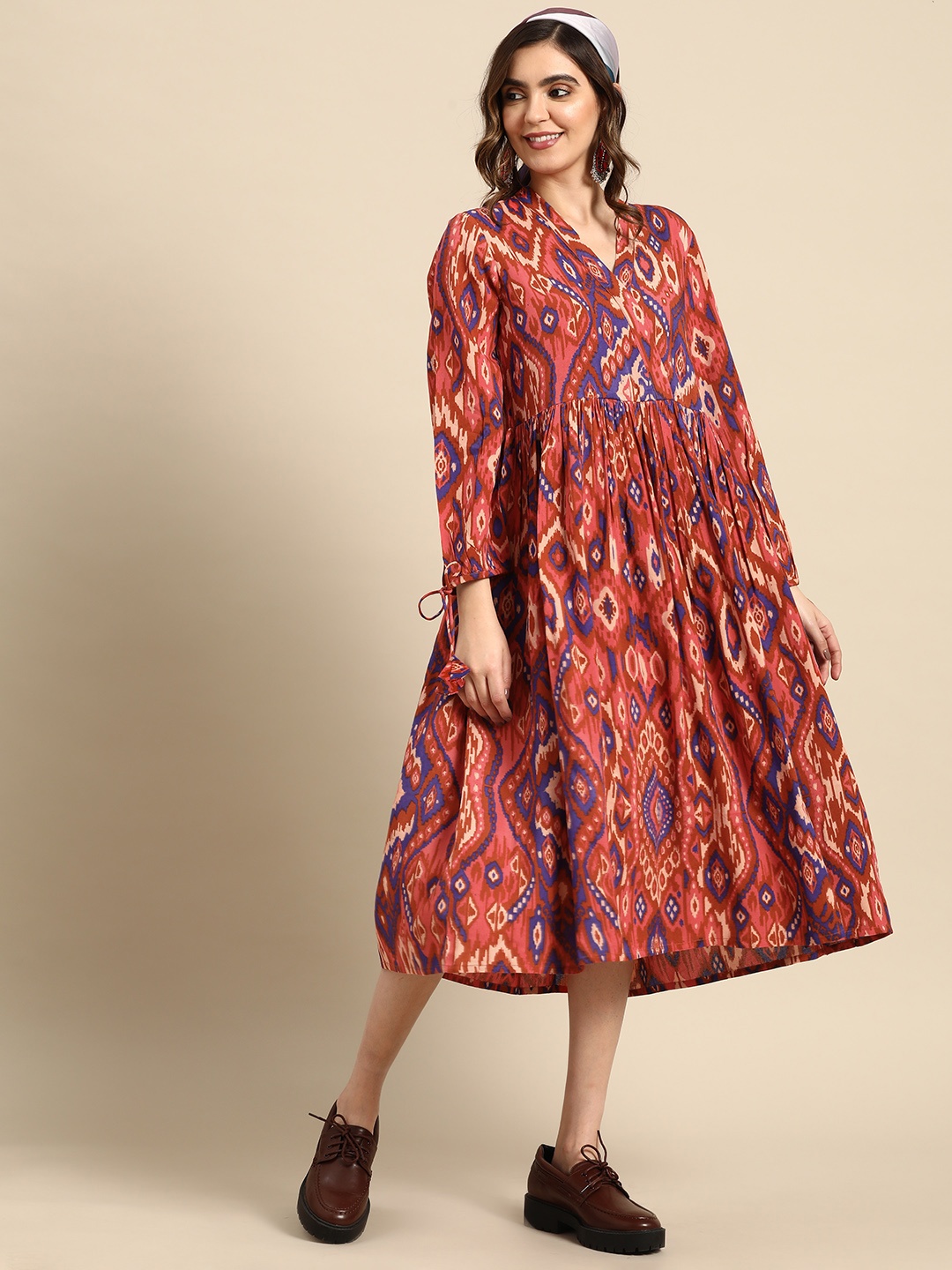 

Sangria Cotton Printed Wrap Style Midi Dress, Brown