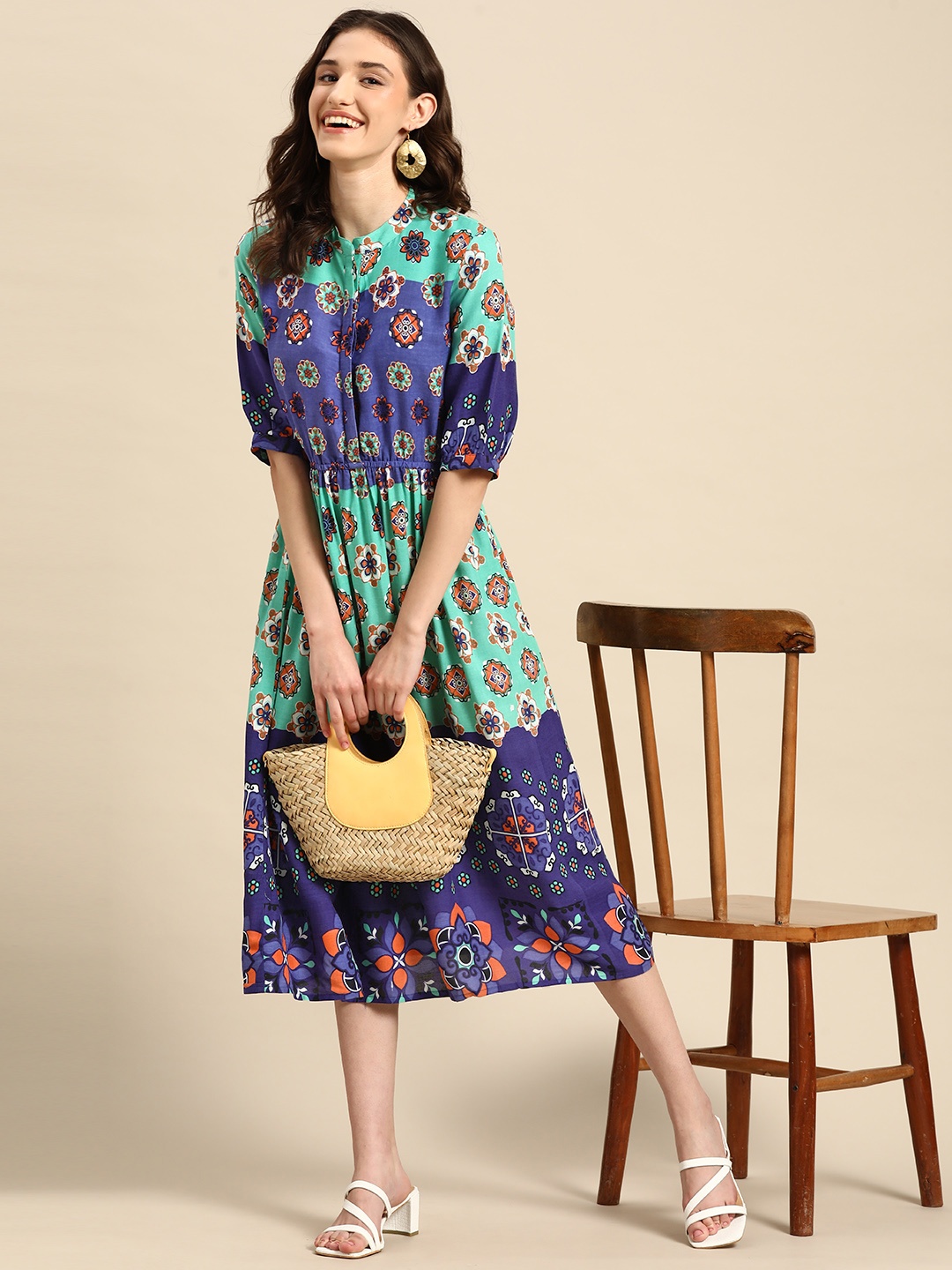 

Sangria Women Printed A-Line Ethnic Dress, Sea green