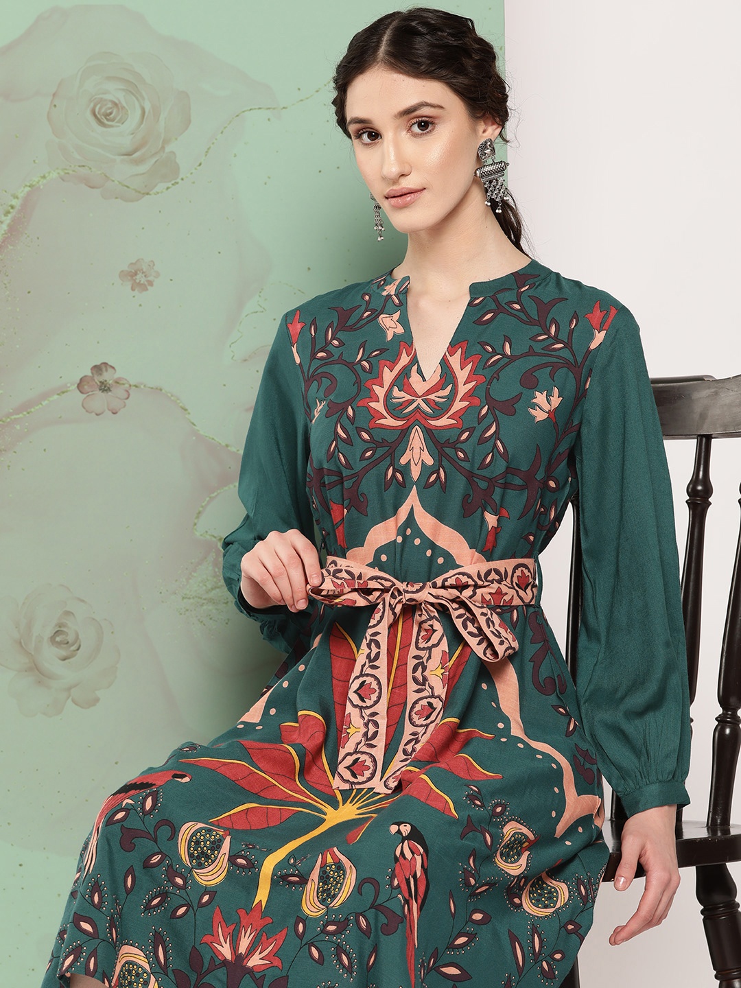 

Sangria Floral Print Fit & Flare Dress with Belt, Green