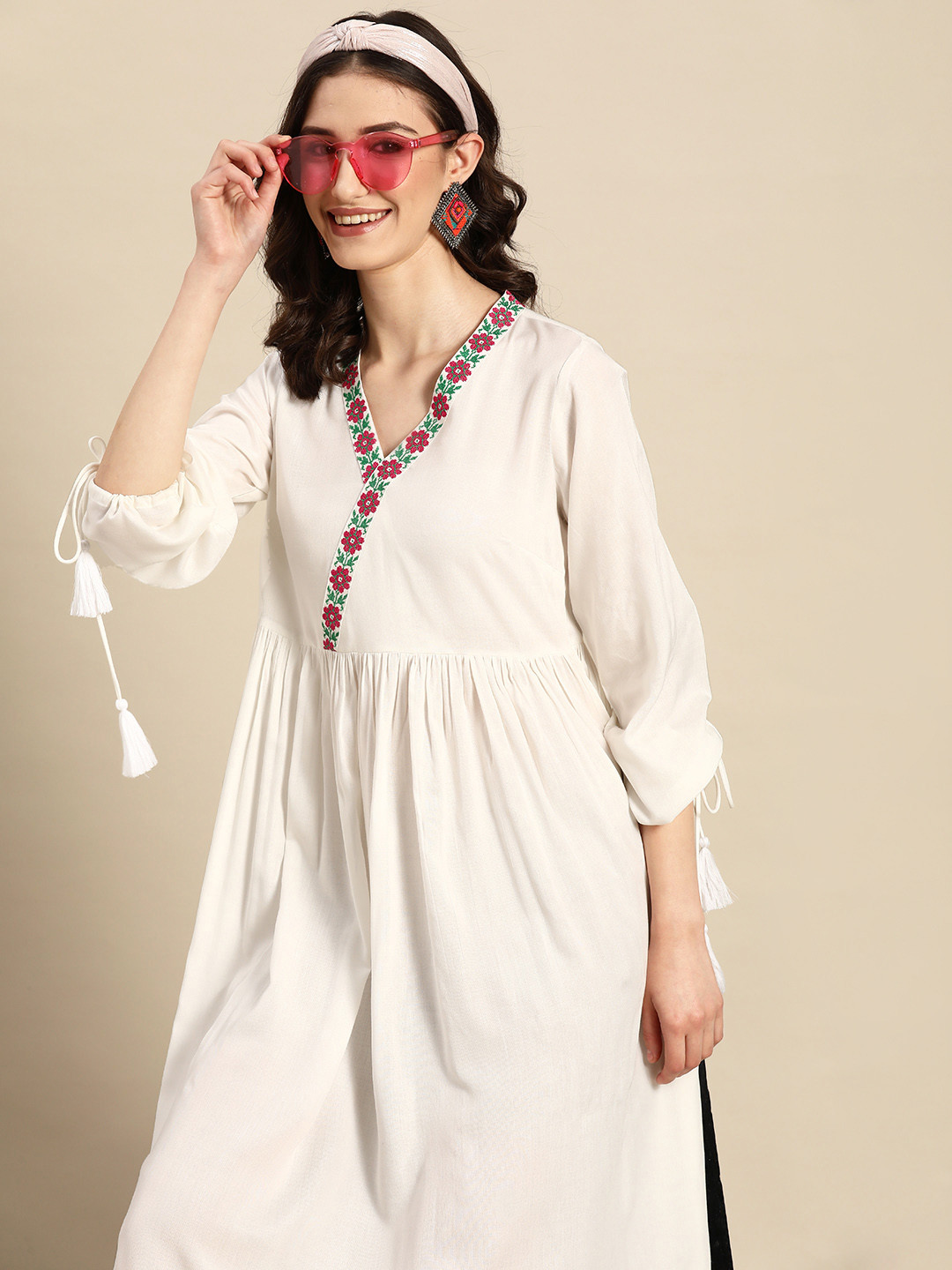 

Sangria Embroidered Yoke Design Puff Sleeves A-Line Midi Dress, White