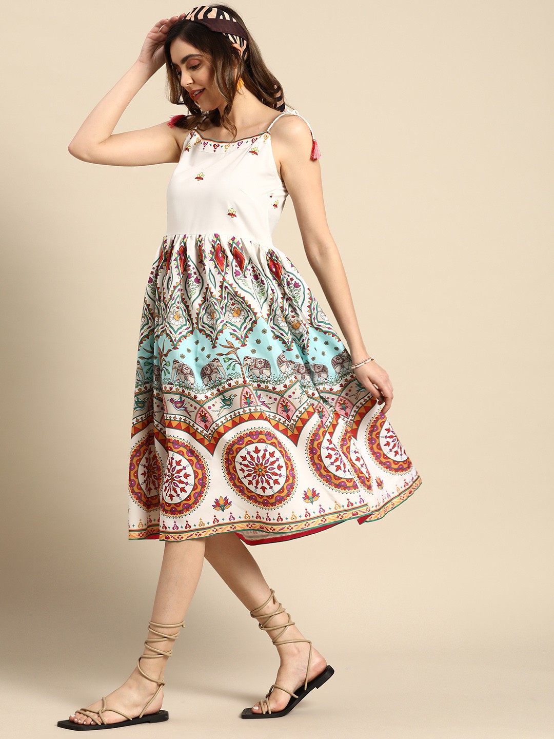 

Sangria Printed A-Line Ethnic Midi Dress, Off white