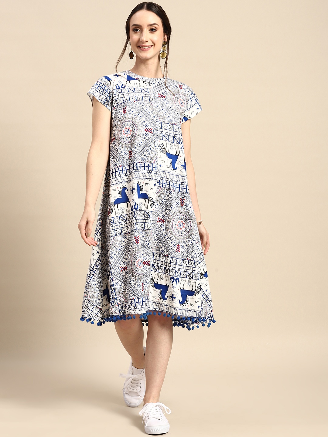

Sangria Printed Pom-Pom Detail A-Line Midi Ethnic Dress, White