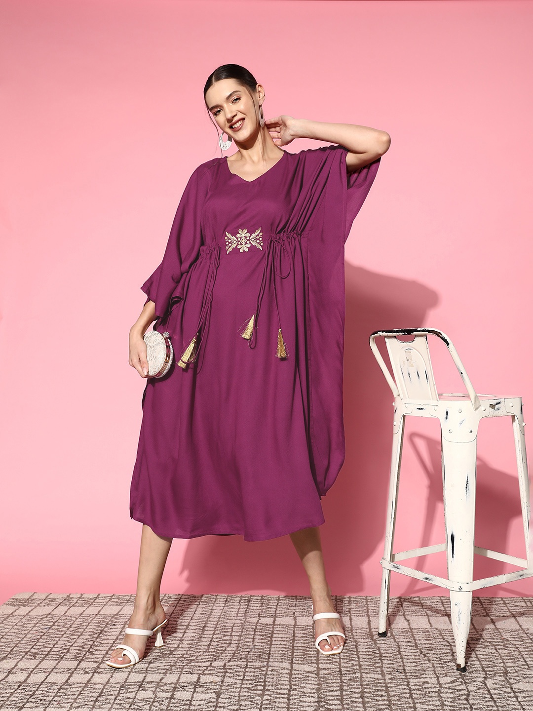 

Sangria Embroidered Kaftan Midi Dress, Burgundy