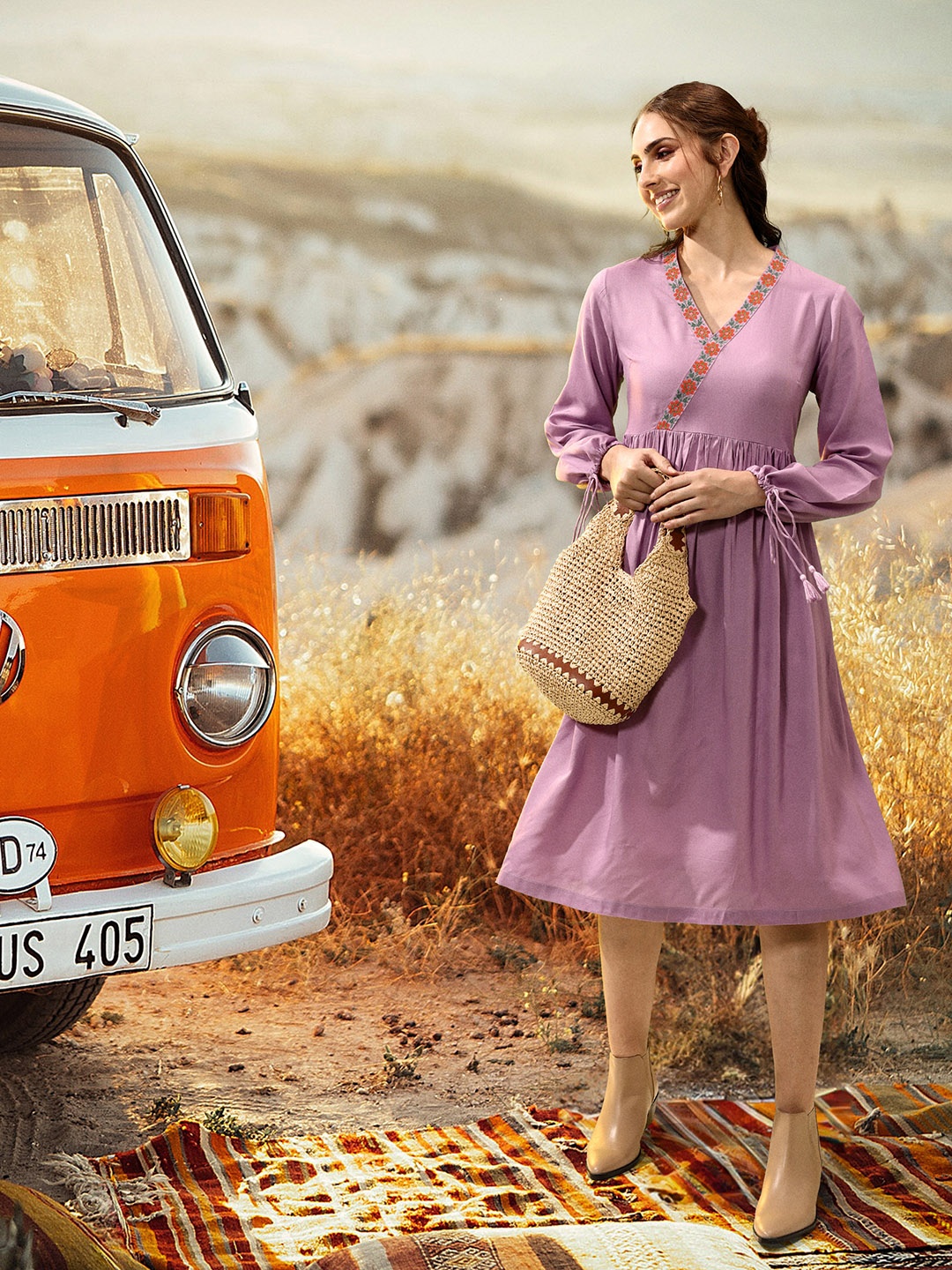 

Sangria Flared Hem Ethnic Wrap Dress, Lavender